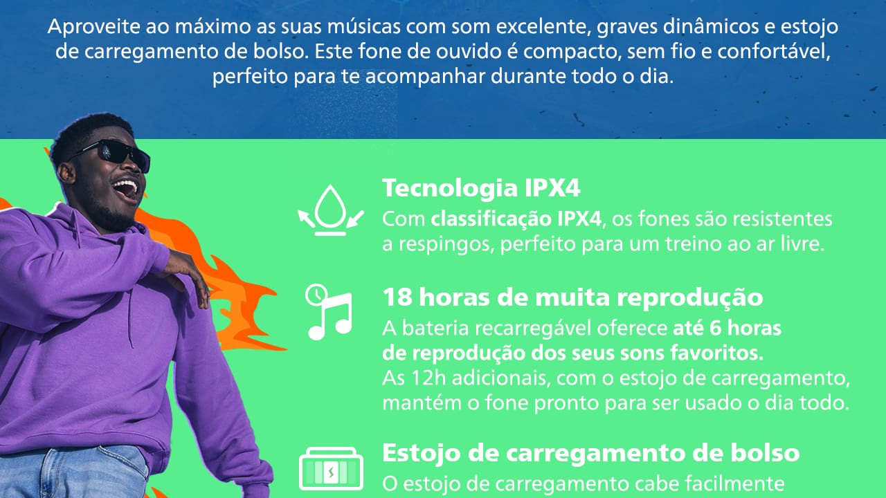 Total liberdade sem fios O Fone de Ouvido Bluetooth Philips TAT1209BK/00 proporciona uma experiência de áudio sem igual com total liberdade sem fios. Graças à tecnologia TWS (True Wireless Stereo), você pode realizar chamadas, ouvir músicas e alternar entre ambas sem qualquer cabo atrapalhando seus movimentos.