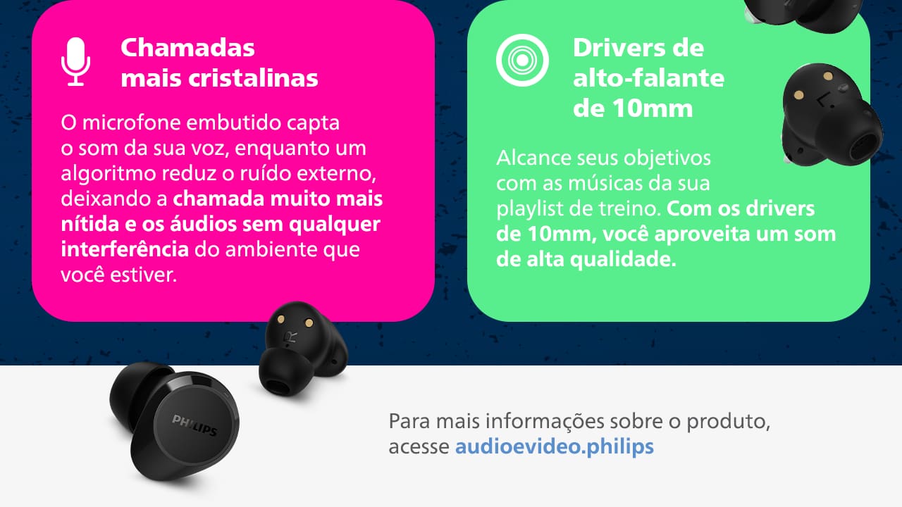 Total liberdade sem fios O Fone de Ouvido Bluetooth Philips TAT1209BK/00 proporciona uma experiência de áudio sem igual com total liberdade sem fios. Graças à tecnologia TWS (True Wireless Stereo), você pode realizar chamadas, ouvir músicas e alternar entre ambas sem qualquer cabo atrapalhando seus movimentos.