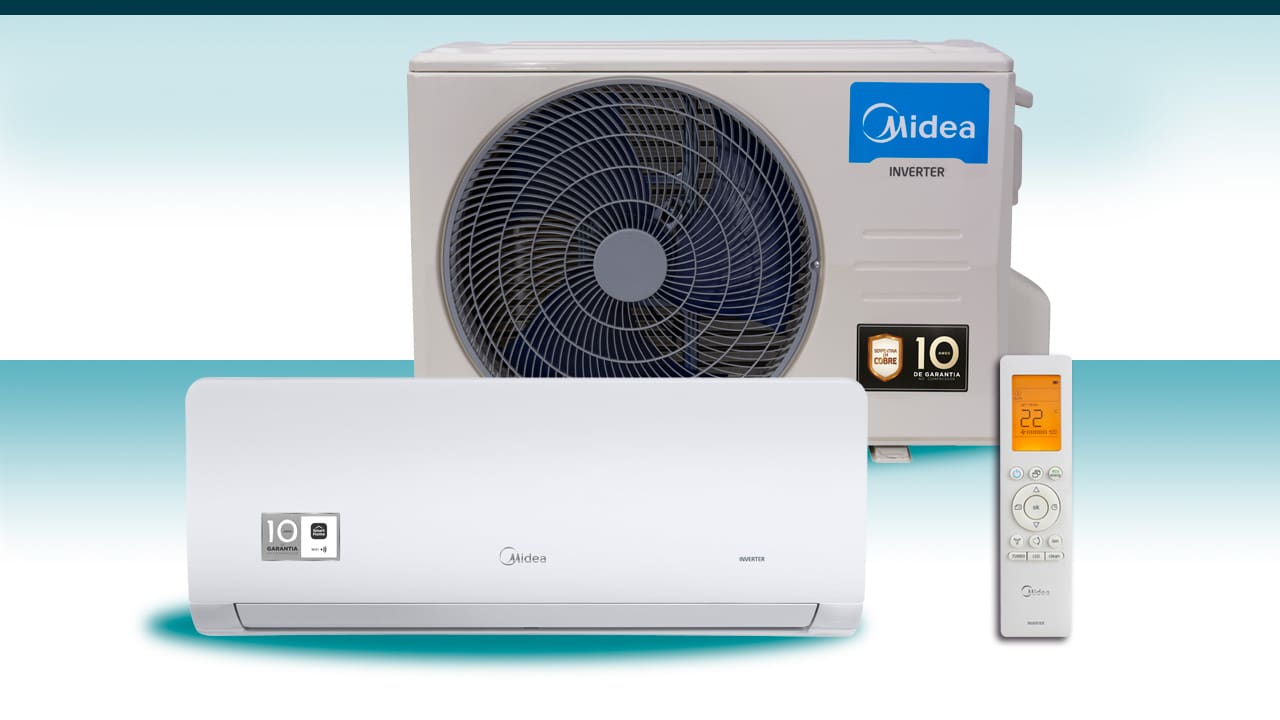 Imagem frontal frente Ar-Condicionado Midea Inverter Xtreme Save Connect branco bege cinza claro equipamento condensadora controle remoto 
