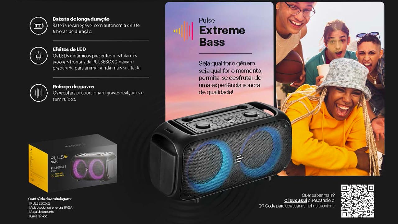 Potência sonora para todas as ocasiões A Caixa de Som Amplificada Pulse SP513 Double é a solução perfeita para quem deseja levar a festa para todo lugar. Com 700 W de potência RMS e dois alto-falantes de 6,5 polegadas, essa caixa de som amplificada entrega graves profundos e claros, criando uma experiência sonora envolvente que transforma qualquer ambiente em uma celebração animada.