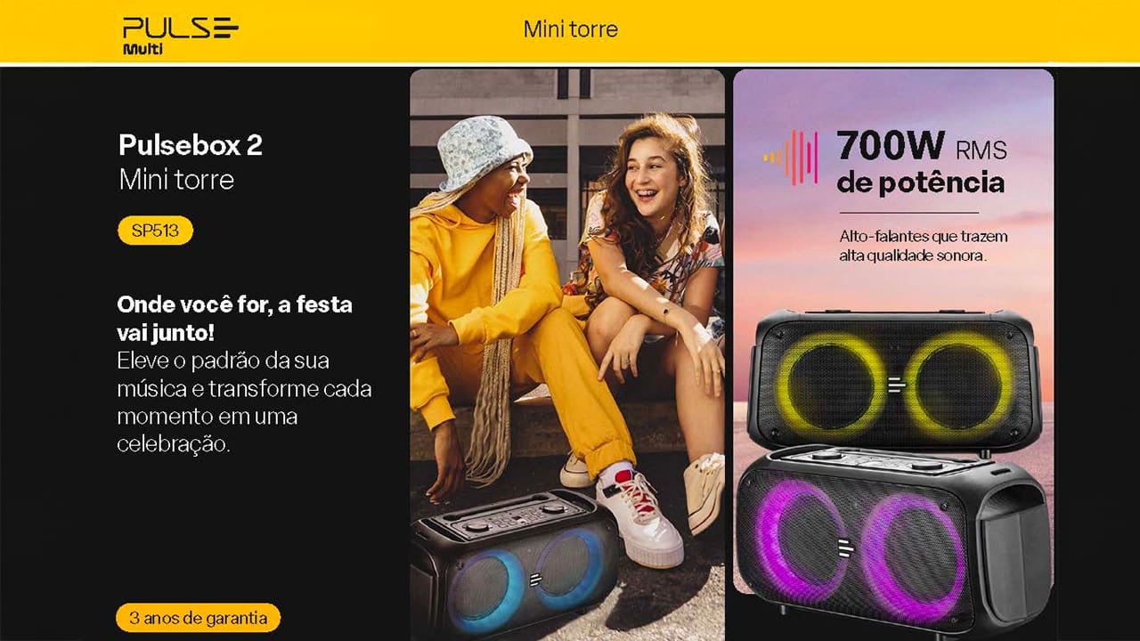 Potência sonora para todas as ocasiões A Caixa de Som Amplificada Pulse SP513 Double é a solução perfeita para quem deseja levar a festa para todo lugar. Com 700 W de potência RMS e dois alto-falantes de 6,5 polegadas, essa caixa de som amplificada entrega graves profundos e claros, criando uma experiência sonora envolvente que transforma qualquer ambiente em uma celebração animada.