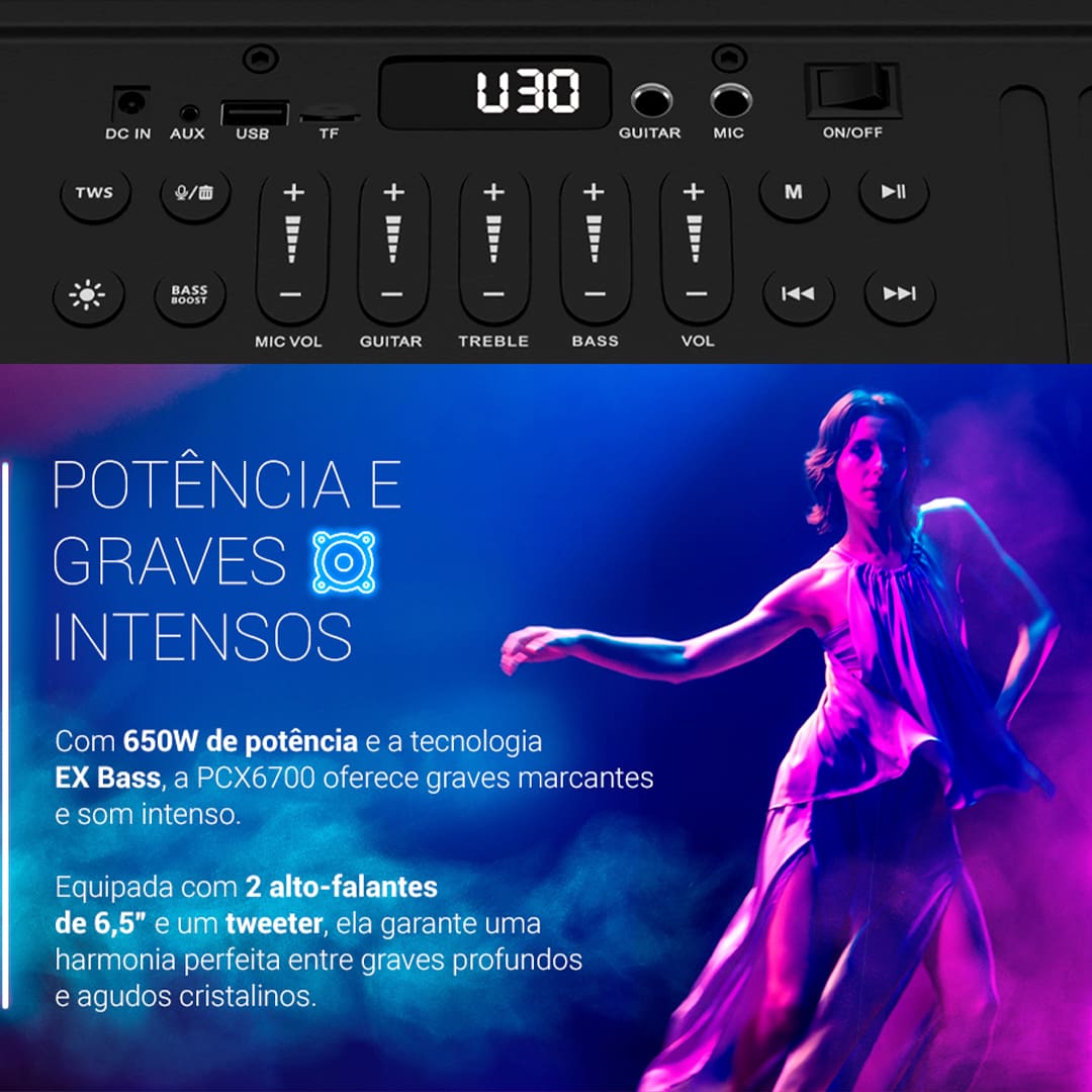 Caixa de Som Amplificada Philco Ex Bass PCX6700 com Bluetooth, Entrada Guitarra e Microfone, Controle Remoto e Flash Light - 650W
