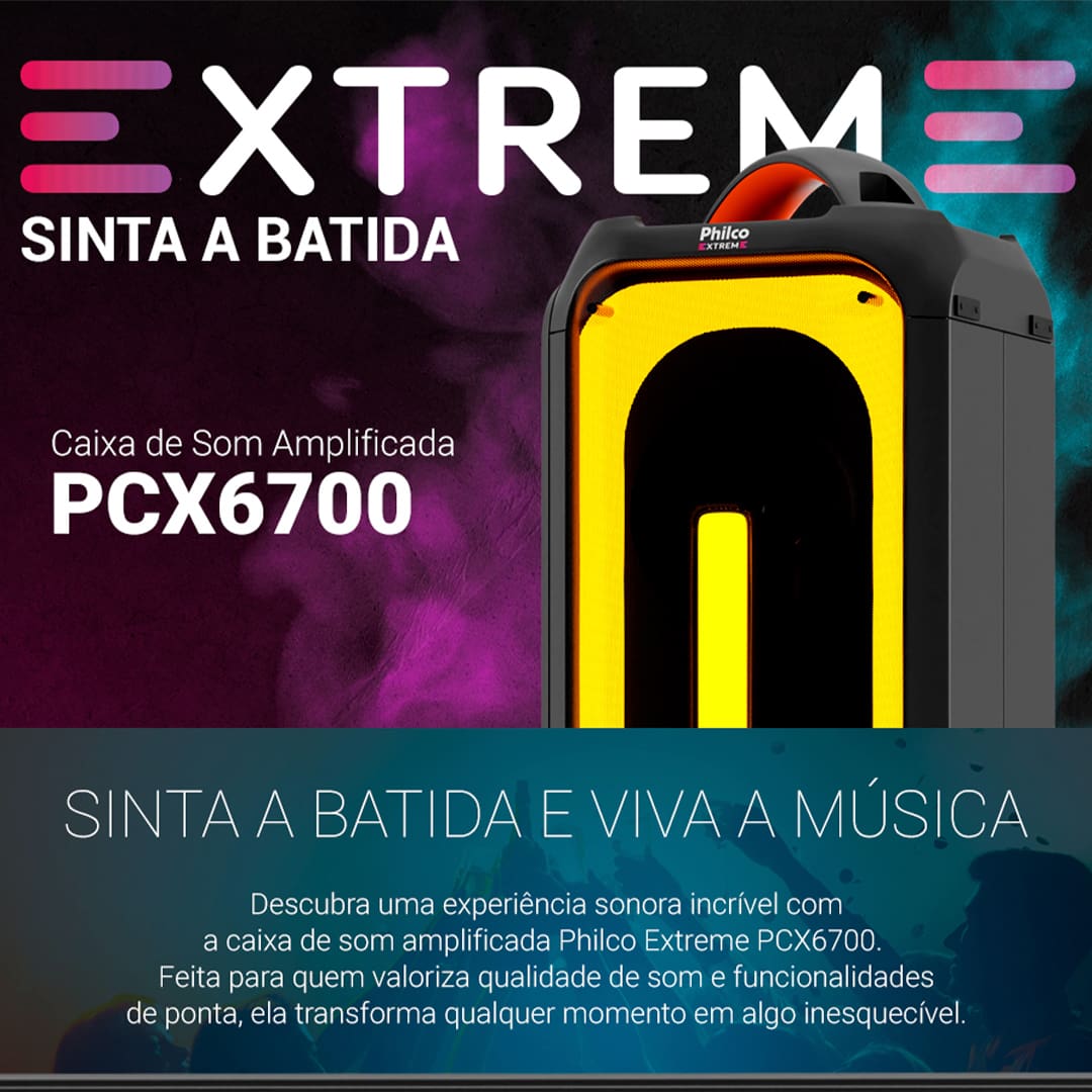 Caixa de Som Amplificada Philco Ex Bass PCX6700 com Bluetooth, Entrada Guitarra e Microfone, Controle Remoto e Flash Light - 650W
