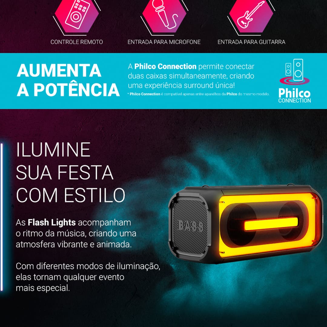 Caixa de Som Amplificada Philco Ex Bass PCX6700 com Bluetooth, Entrada Guitarra e Microfone, Controle Remoto e Flash Light - 650W
