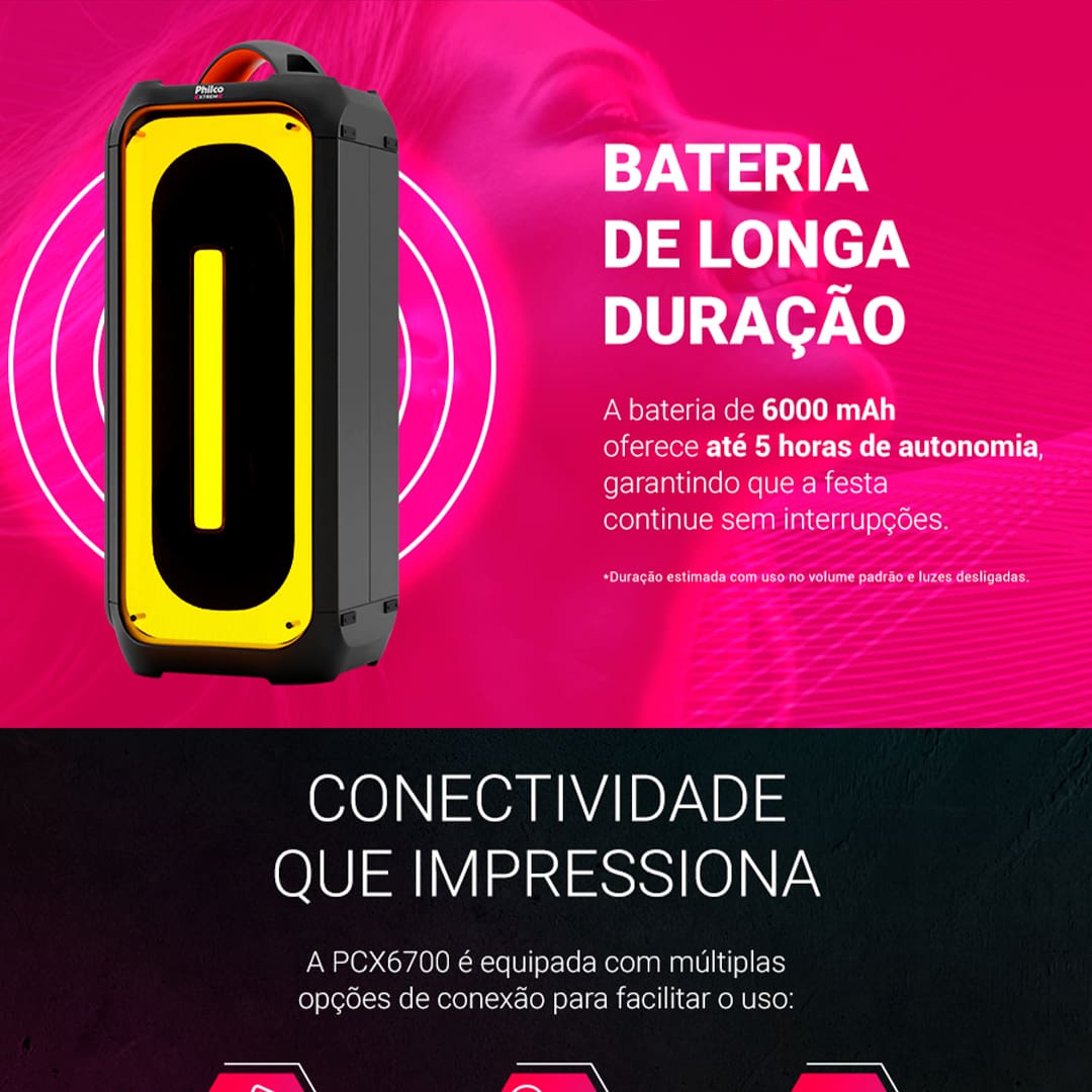 Caixa de Som Amplificada Philco Ex Bass PCX6700 com Bluetooth, Entrada Guitarra e Microfone, Controle Remoto e Flash Light - 650W