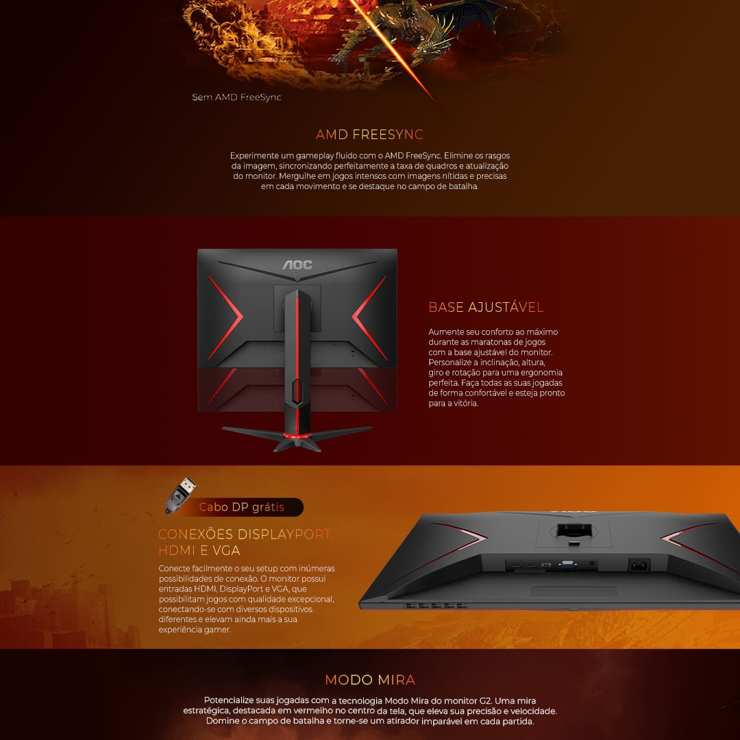 Imersão total nos jogos Este monitor gamer de 27" oferece uma experiência de jogo imersiva com resolução Full HD (1920 x 1080). Sua tela ampla proporciona visuais envolventes, enquanto o tempo de resposta de apenas 1 ms MPRT somado com a taxa de atualização de 165 Hz garantem imagens suaves e sem borrões, permitindo que você mergulhe totalmente em seus jogos favoritos.