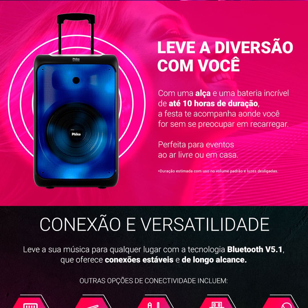 Caixa de Som Philco PCX5200 com Bluetooth, Radio FM, 4.400 mAh, Display Digital e Iluminação LED - 600W