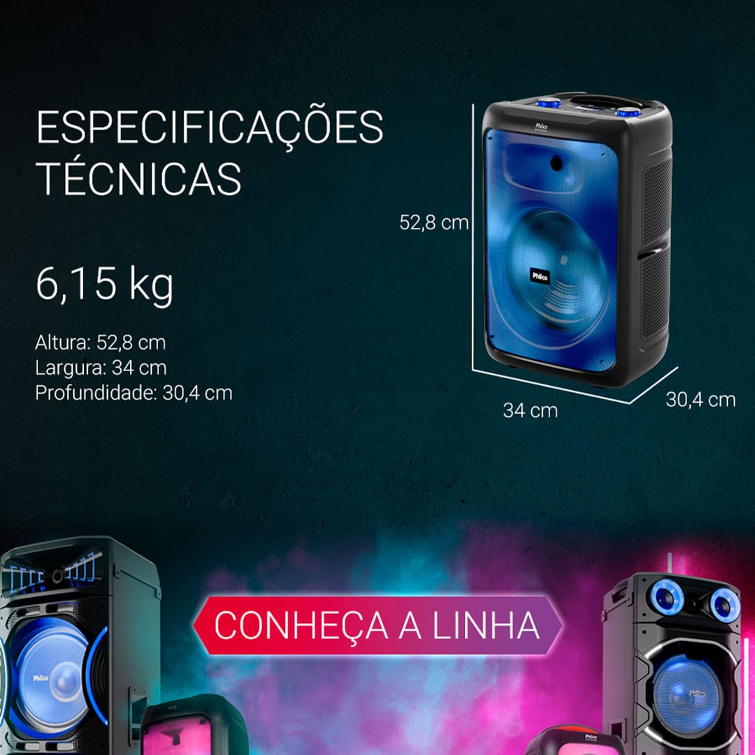 Caixa de Som Philco PCX5200 com Bluetooth, Radio FM, 4.400 mAh, Display Digital e Iluminação LED - 600W
