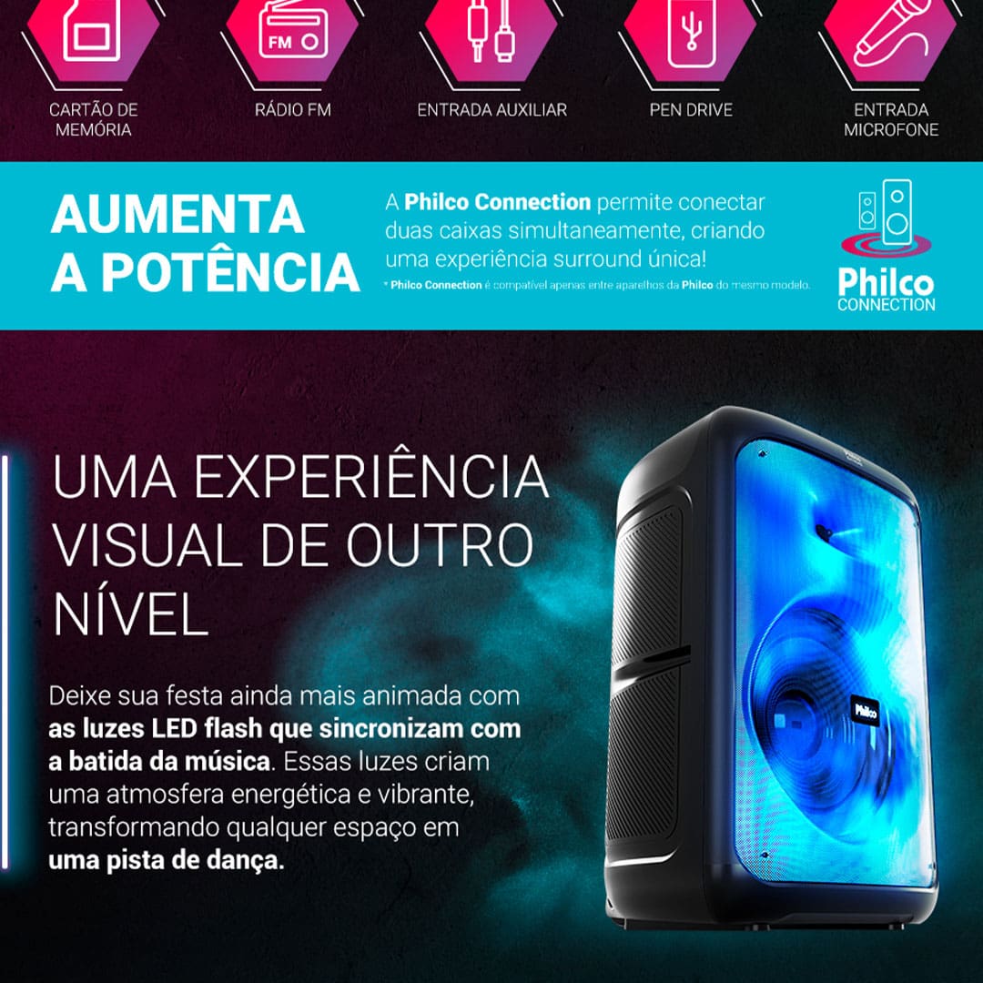 Caixa de Som Philco PCX5200 com Bluetooth, Radio FM, 4.400 mAh, Display Digital e Iluminação LED - 600W