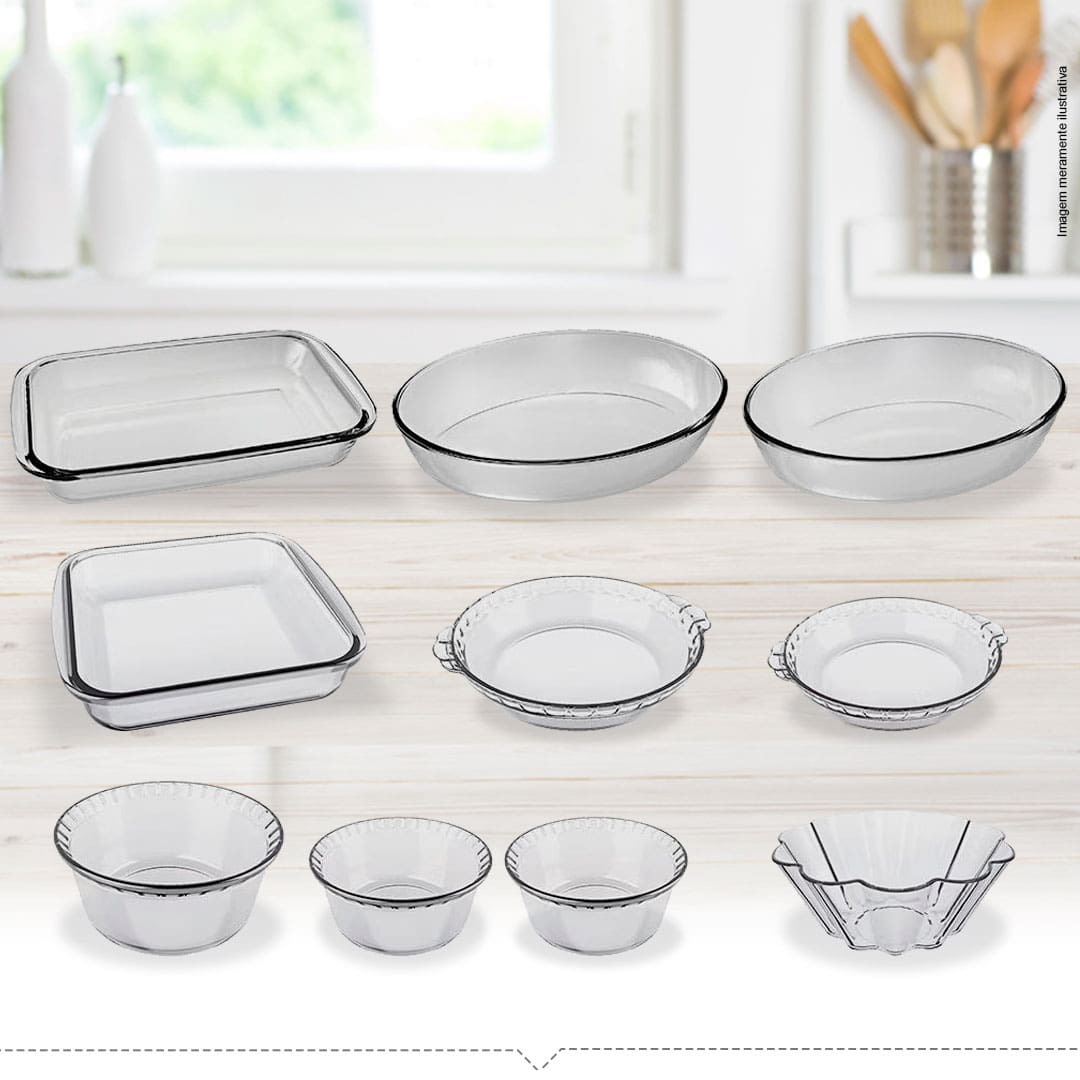 Conjunto de Travessas Refratárias Marinex em Vidro 10 Peças