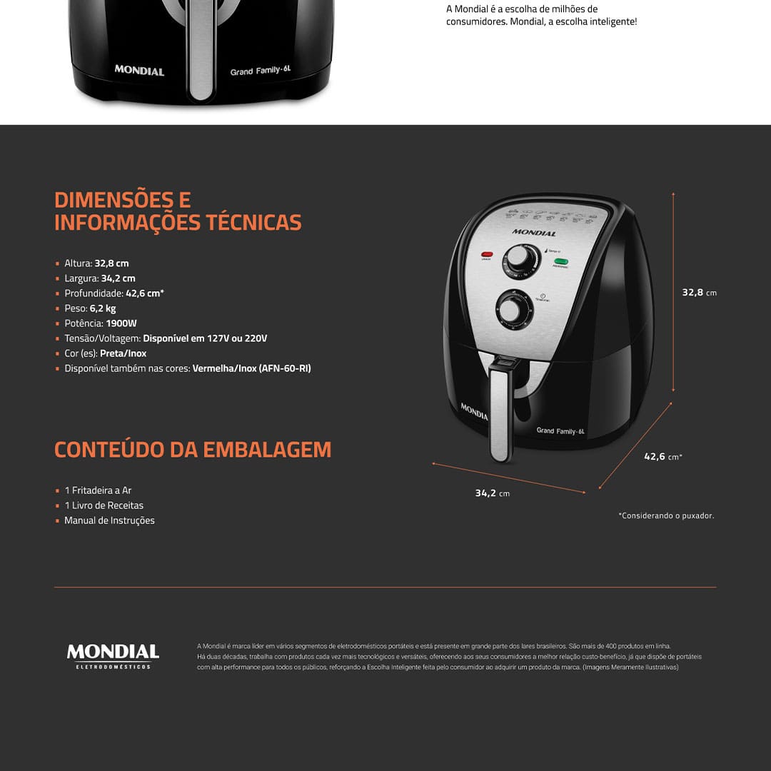 Fritadeira Elétrica Sem Óleo Air Fryer Mondial AFN-60 6L