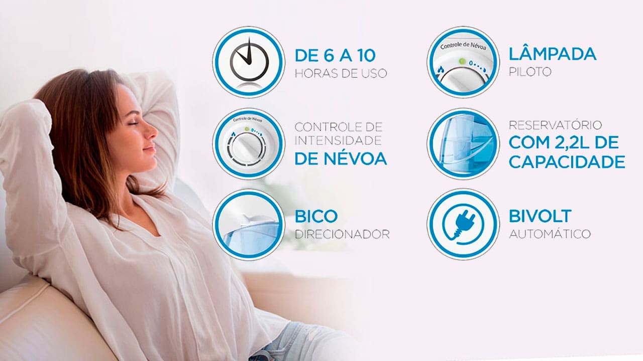 Umidificador Ultrassônico Mondial Comfort Air 2 lâmpada-piloto reposição de água