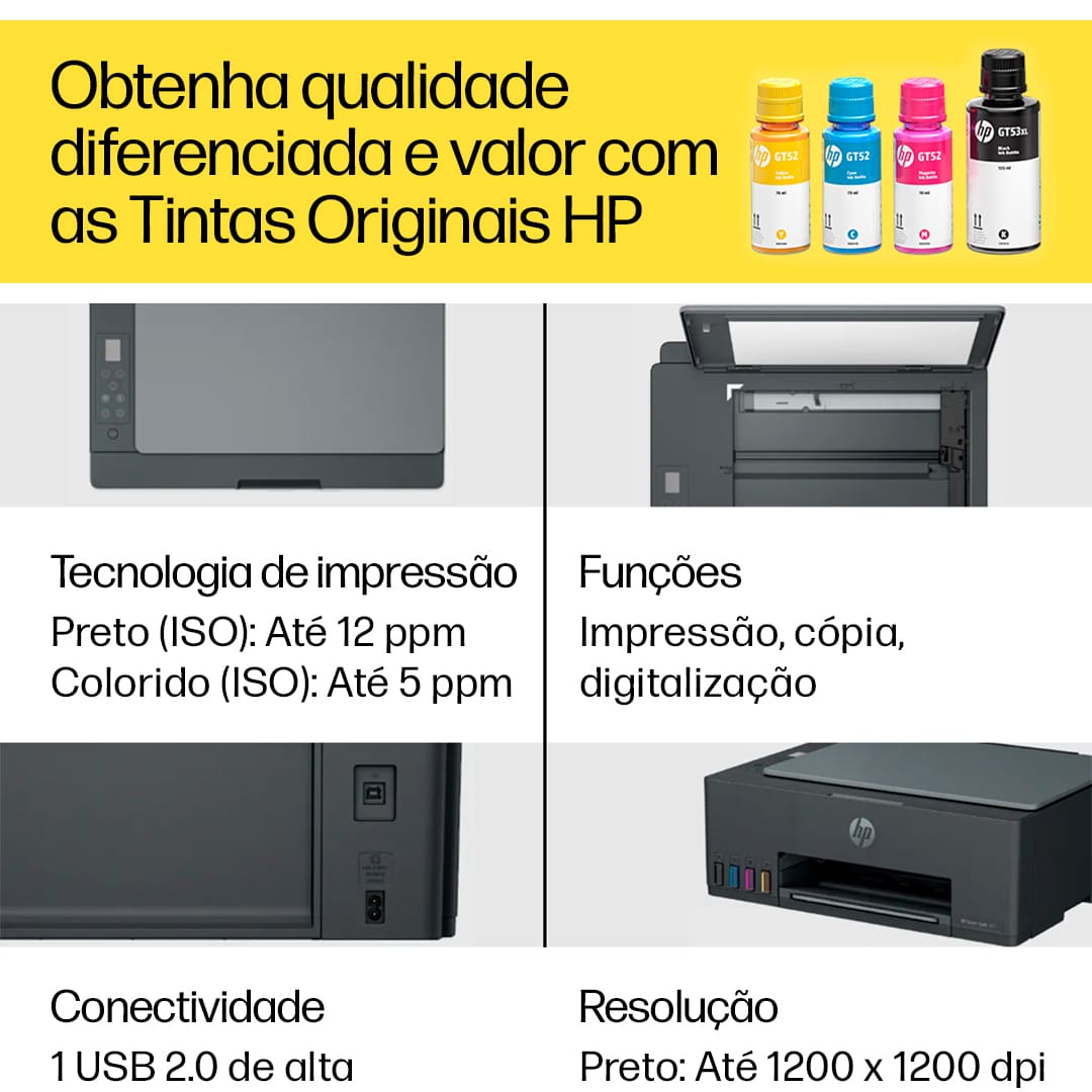 Aproveite a confiabilidade rotineira da impressora multifuncional sem fio HP Smart Tank 581 que proporciona a qualidade HP que você espera e a economia que você precisa. A Multifuncional HP Smart Tank 581 conta com tecnologia avançada, com qualidade de impressão que você conhece e confia. Imprime até 12.000 páginas em preto ou 6.000 páginas coloridas com a tinta HP original incluída na caixa.
