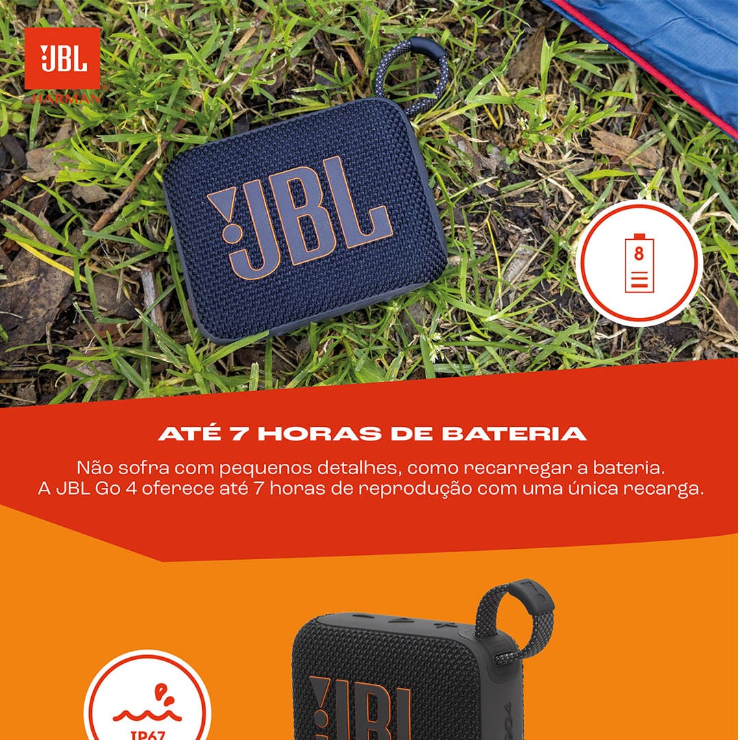 Escute suas músicas favoritas da melhor maneira! A Caixa de Som Portátil JBL GO 4 possui sons graves profundos, áudio intenso e tecnologia de ponta. Equipada com Bluetooth 5.3, bateria com até 7 horas de duração mais 2 horas e Playtime Boost, ela é ideal para todos os momentos.