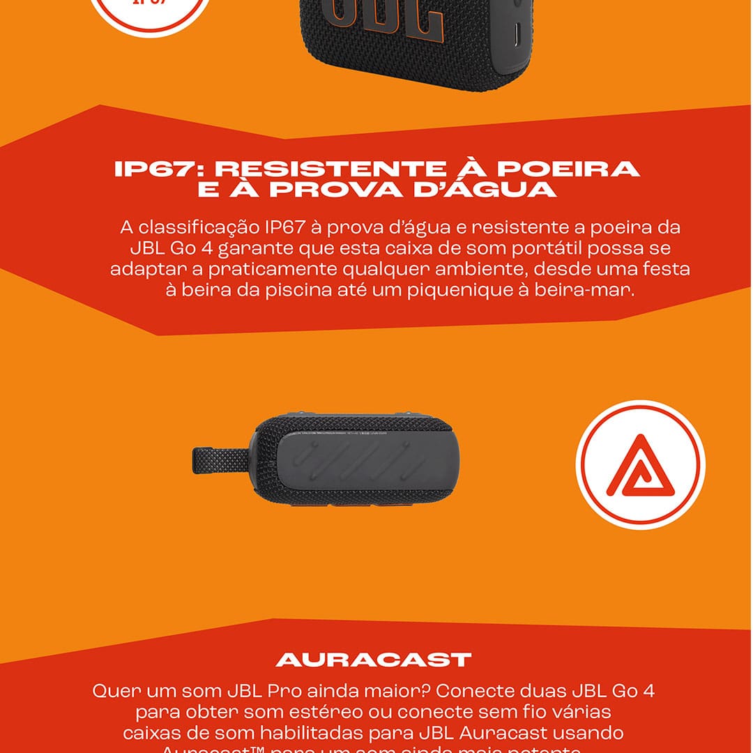 Escute suas músicas favoritas da melhor maneira! A Caixa de Som Portátil JBL GO 4 possui sons graves profundos, áudio intenso e tecnologia de ponta. Equipada com Bluetooth 5.3, bateria com até 7 horas de duração mais 2 horas e Playtime Boost, ela é ideal para todos os momentos.