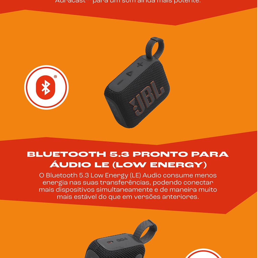 Escute suas músicas favoritas da melhor maneira! A Caixa de Som Portátil JBL GO 4 possui sons graves profundos, áudio intenso e tecnologia de ponta. Equipada com Bluetooth 5.3, bateria com até 7 horas de duração mais 2 horas e Playtime Boost, ela é ideal para todos os momentos.