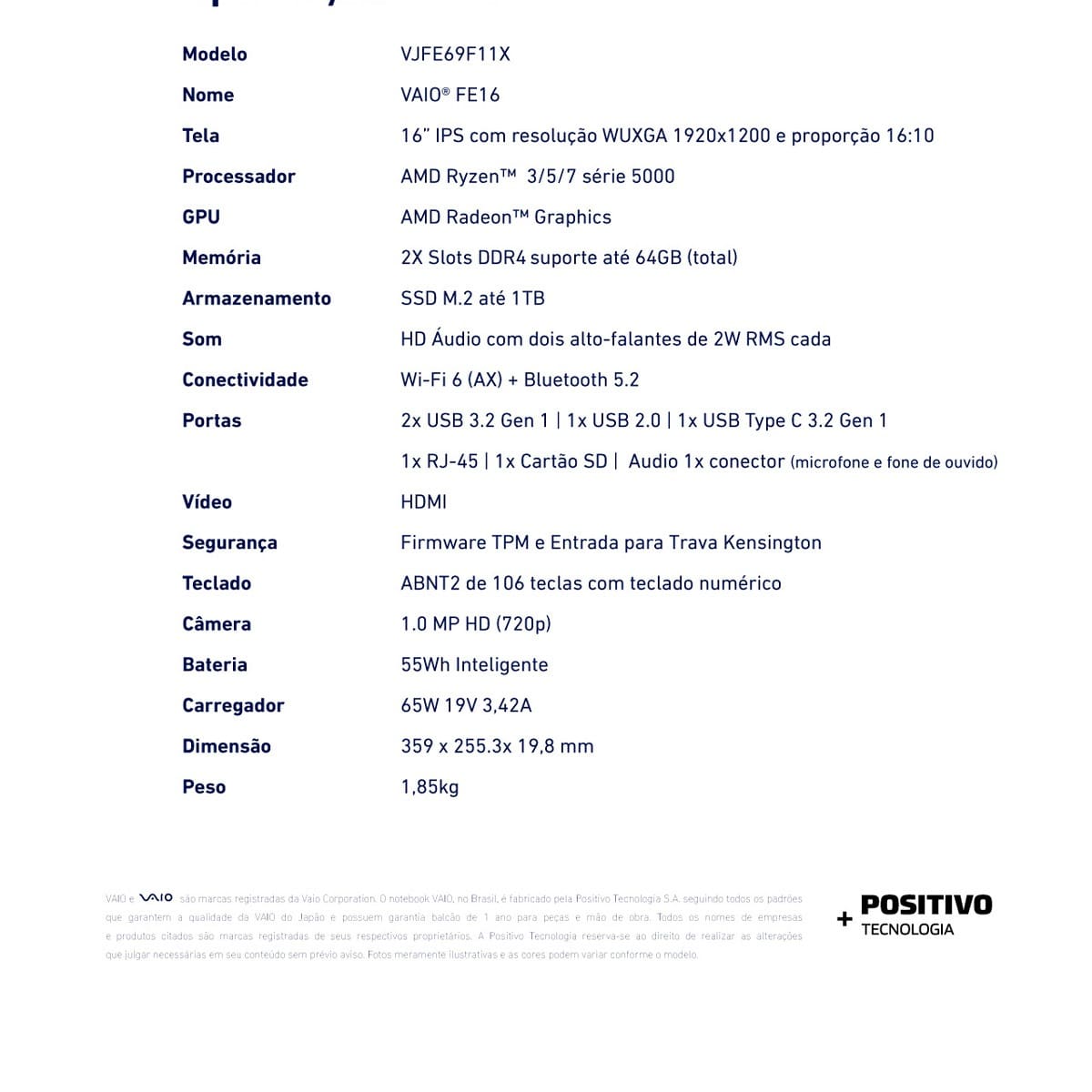 Notebook VAIO AMD Ryzen 5 5625U 16GB RAM 512GB SSD Tela 16" WUXGA Windows 11 - FE16