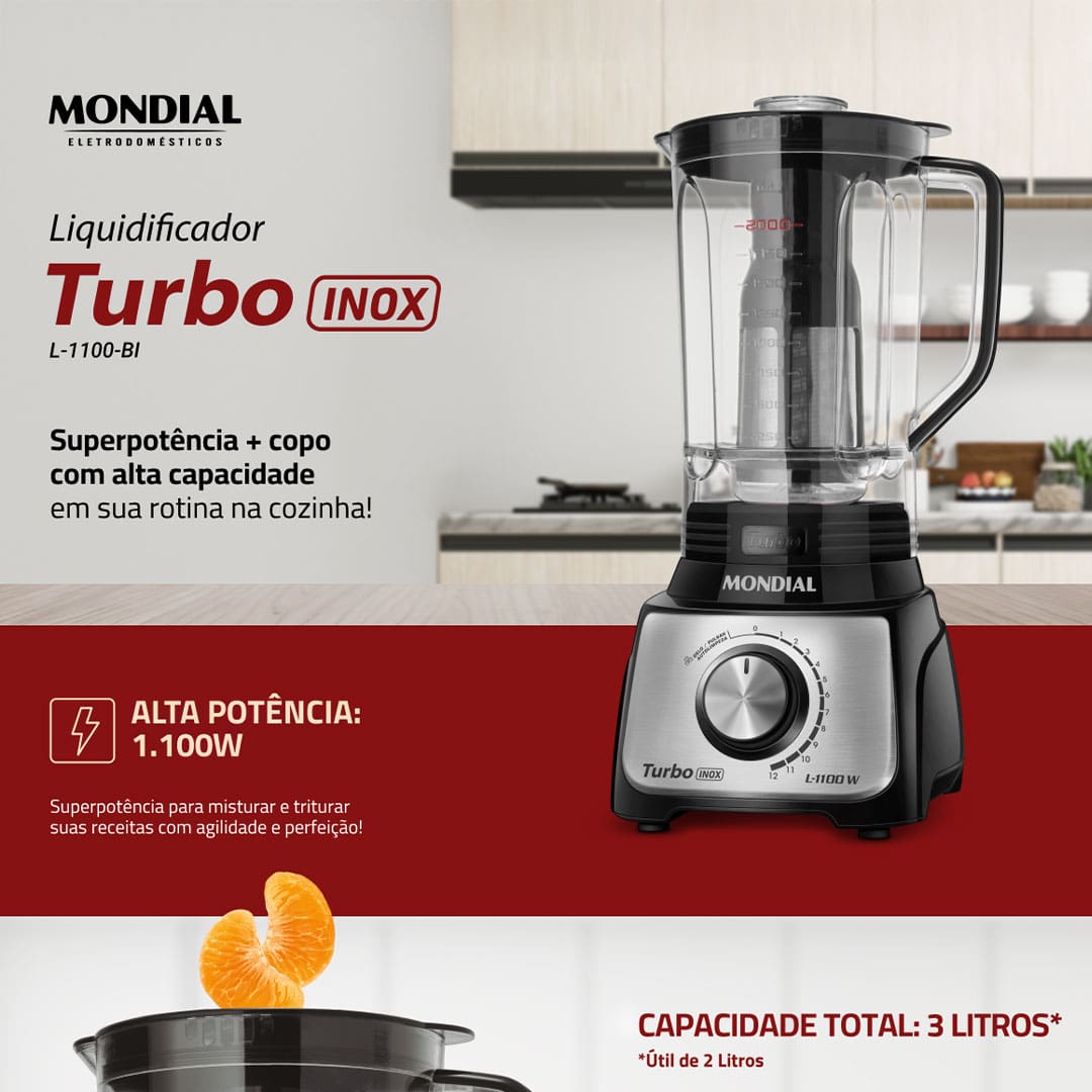 Prepare sua receita para a família inteira! Muito mais praticidade para você, o liquidificador turbo possui copo super resistente a quedas e a riscos. Com capacidade total de até 3,0 litros para acomodar receitas maiores. Assim você pode preparar grandes quantidades de receita. O Liquidificador Mondial Turbo L-1100 conta com 12 velocidades, tem função autolimpeza, bater e triturar e também o Sistema de encaixe rápido possibilitando uma montagem fácil e prática.