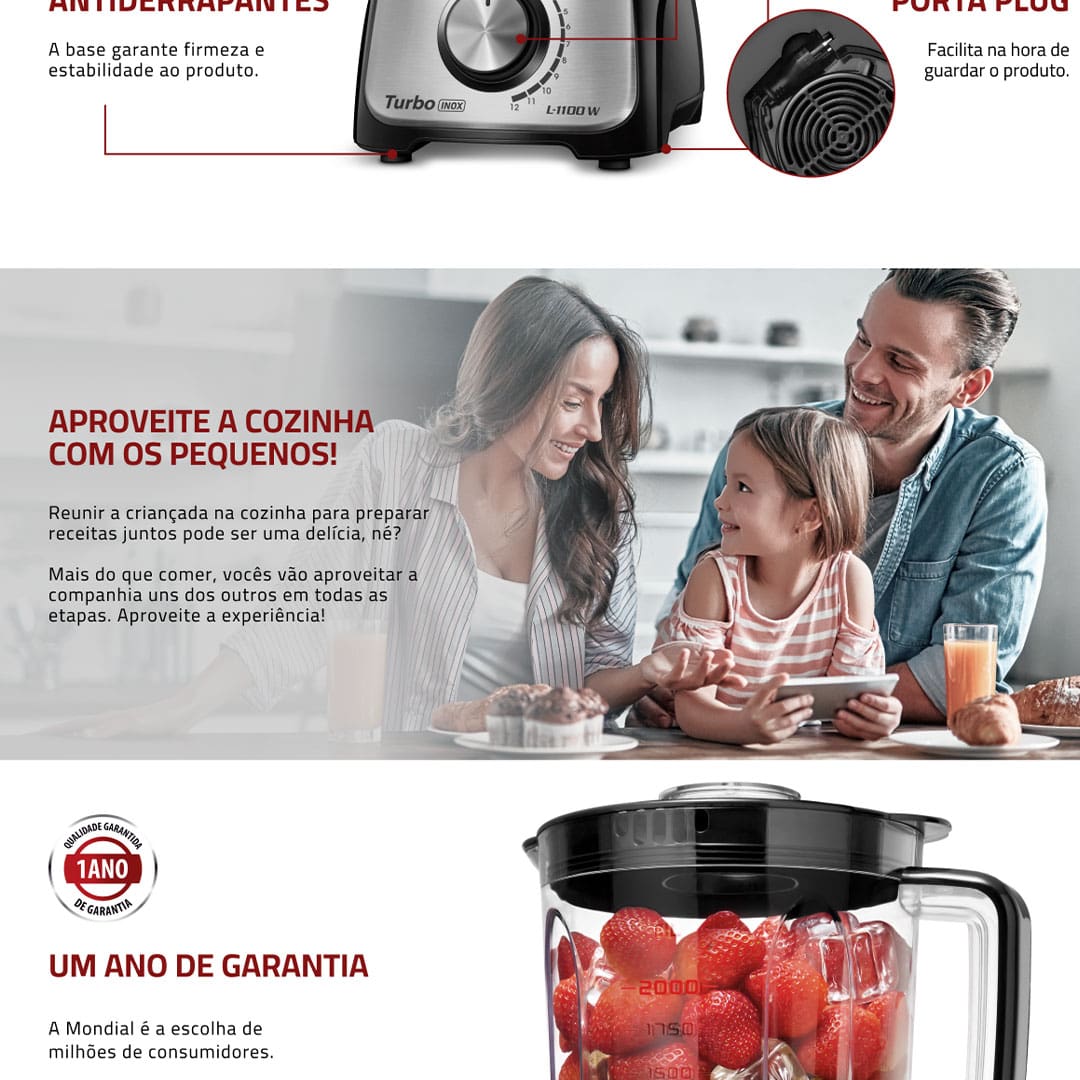 Prepare sua receita para a família inteira! Muito mais praticidade para você, o liquidificador turbo possui copo super resistente a quedas e a riscos. Com capacidade total de até 3,0 litros para acomodar receitas maiores. Assim você pode preparar grandes quantidades de receita. O Liquidificador Mondial Turbo L-1100 conta com 12 velocidades, tem função autolimpeza, bater e triturar e também o Sistema de encaixe rápido possibilitando uma montagem fácil e prática.