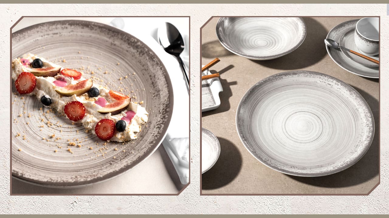 duas imagens fotos Aparelho de Jantar P.Schmidt mesa posta colheres caneca pratos vazios comida alimento frutas picadas massa superfície mesa bancada bege   