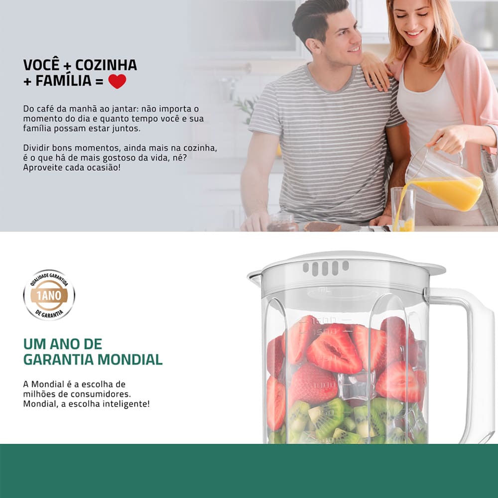 Segurança e Durabilidade O Liquidificador L97W da Mondial, produzido em polipropileno, oferece resistência a quedas e arranhões, garantindo maior proteção e durabilidade. Sua jarra possui capacidade útil de 1,6 litros, ideal para preparar grandes quantidades de bebida de uma única vez. Performance Brilhante Com 2 velocidade e potência de 550W este equipamento apresenta um desempenho excepcional para suas necessidades diárias. Ideal para triturar gelo, frutas e bater ingredientes mais consistentes. Além disso, ele possui lâminas de alta qualidade que resistem à corrosão e não enferrujam mesmo após o uso prolongado.