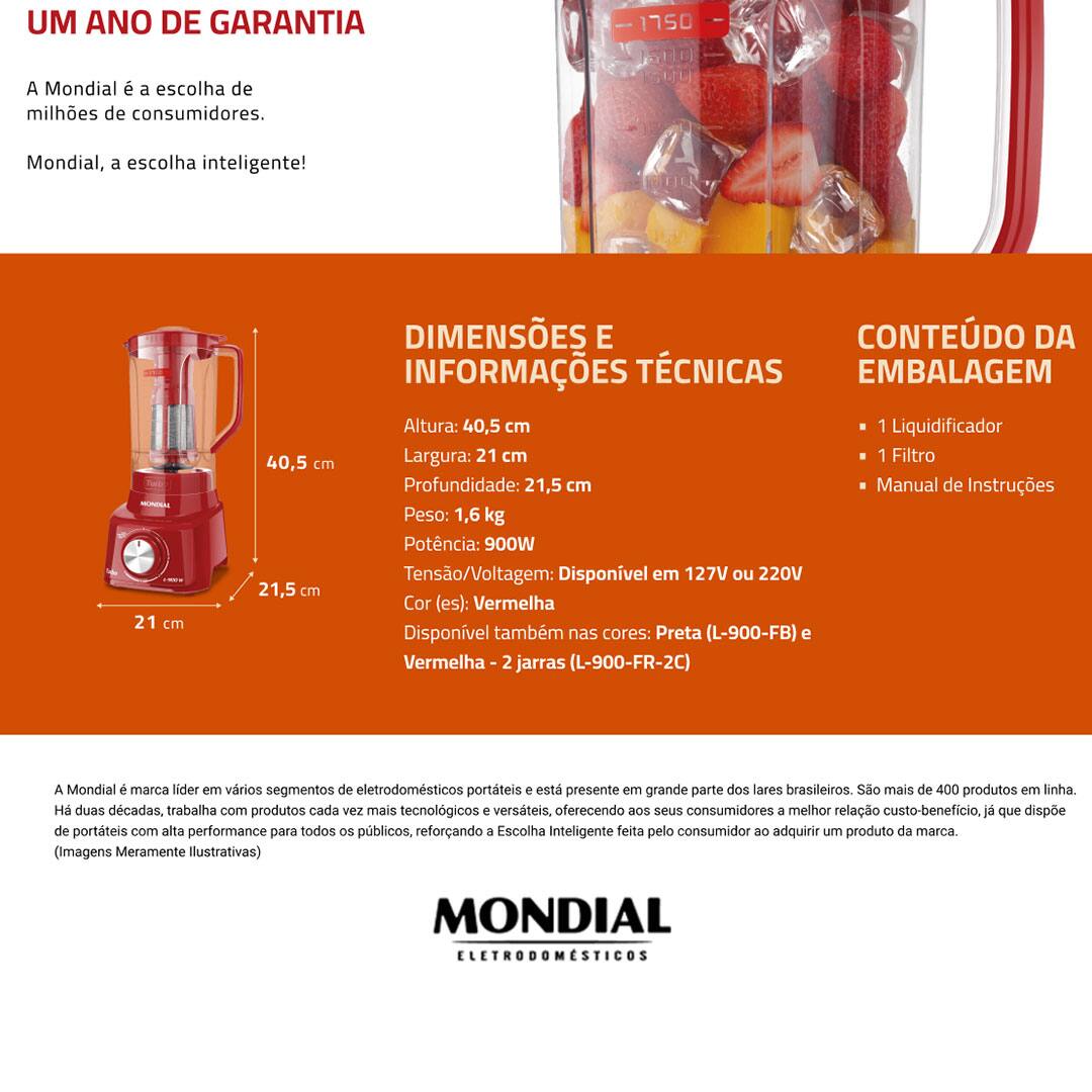 Liquidificador Mondial Turbo L900 Vermelho 900W com 5 Velocidades