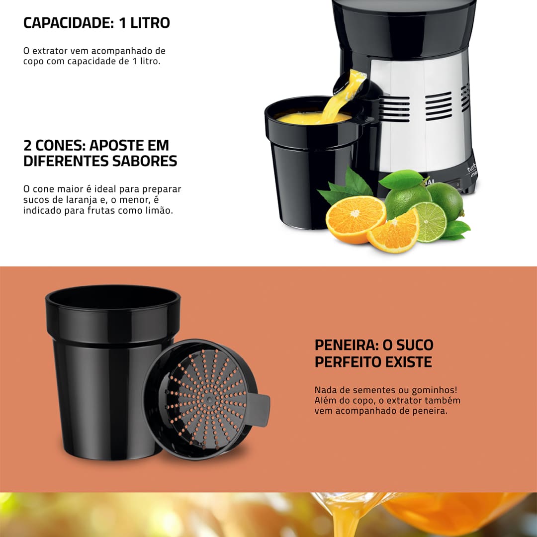 Um dia a dia mais prático e saudável é o que todos nós precisamos. Ao adquirir o Extrator de Frutas Mondial Turbo Premium E-10, é possível alcançar esse objetivo com facilidade. Ele conta com duas castanhas de diferentes tamanhos, para a extração de suco de laranja e outra para o de limão. São 250W de potência em um equipamento bivolt, que prepara delícias refrescantes!