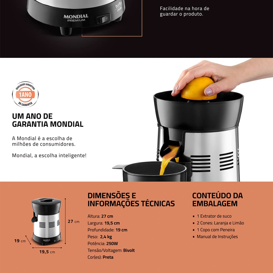 Um dia a dia mais prático e saudável é o que todos nós precisamos. Ao adquirir o Extrator de Frutas Mondial Turbo Premium E-10, é possível alcançar esse objetivo com facilidade. Ele conta com duas castanhas de diferentes tamanhos, para a extração de suco de laranja e outra para o de limão. São 250W de potência em um equipamento bivolt, que prepara delícias refrescantes!    