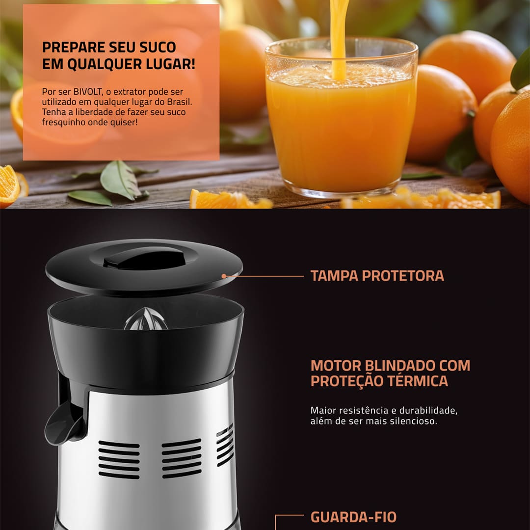 Um dia a dia mais prático e saudável é o que todos nós precisamos. Ao adquirir o Extrator de Frutas Mondial Turbo Premium E-10, é possível alcançar esse objetivo com facilidade. Ele conta com duas castanhas de diferentes tamanhos, para a extração de suco de laranja e outra para o de limão. São 250W de potência em um equipamento bivolt, que prepara delícias refrescantes!