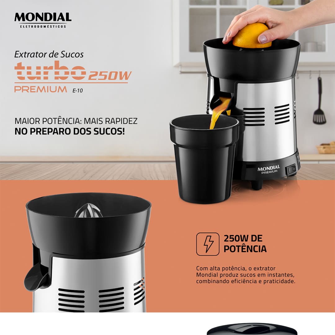 Um dia a dia mais prático e saudável é o que todos nós precisamos. Ao adquirir o Extrator de Frutas Mondial Turbo Premium E-10, é possível alcançar esse objetivo com facilidade. Ele conta com duas castanhas de diferentes tamanhos, para a extração de suco de laranja e outra para o de limão. São 250W de potência em um equipamento bivolt, que prepara delícias refrescantes!    