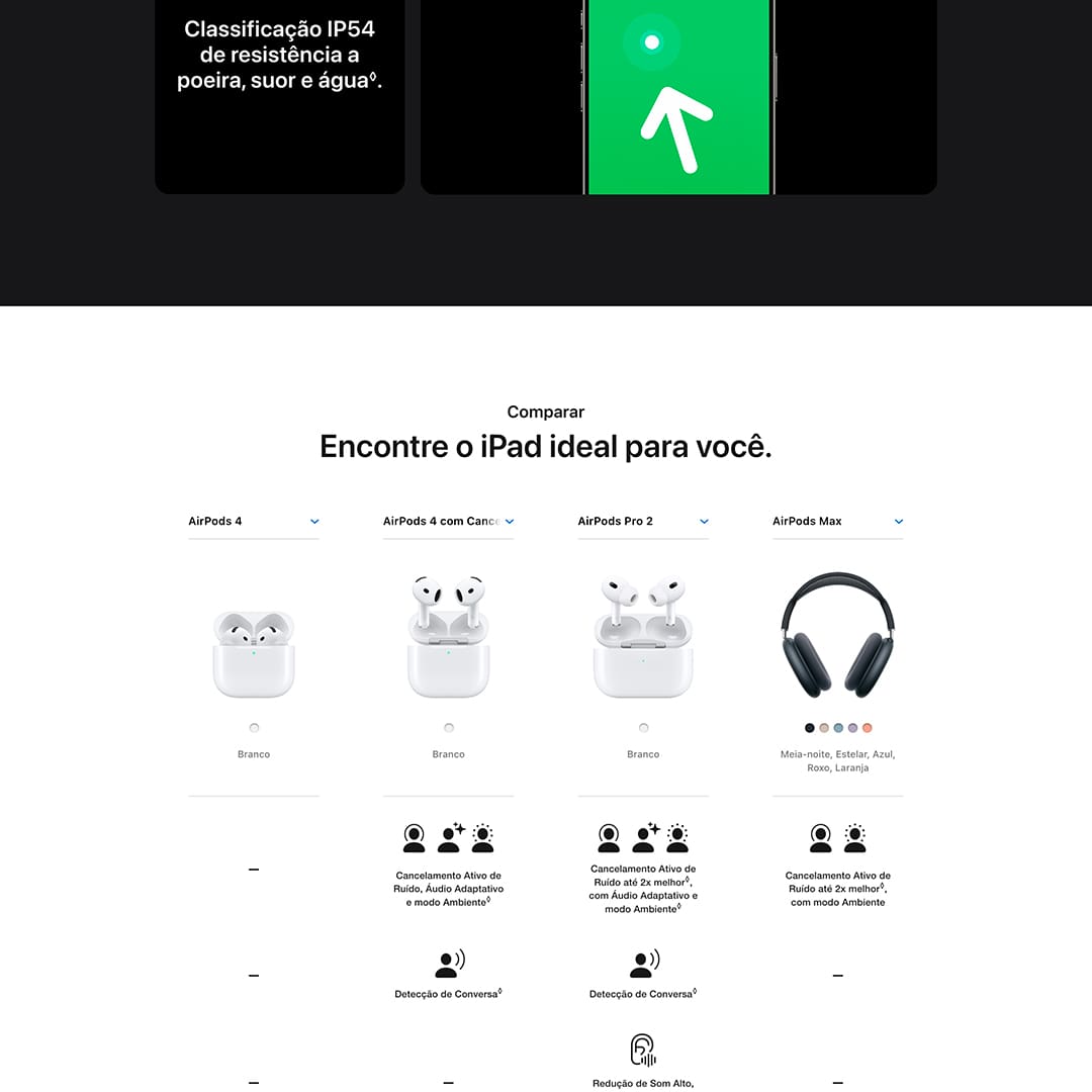 Áudio Adaptativo. Ouça a diferença. E refez-se o som. Os AirPods Pro vêm com Cancelamento Ativo de Ruído até duas vezes melhor¹, modo Ambiente e, agora, Áudio Adaptativo², que ajusta a redução de ruídos automaticamente para oferecer a melhor experiência de áudio em diferentes ambientes e interações ao longo do dia.