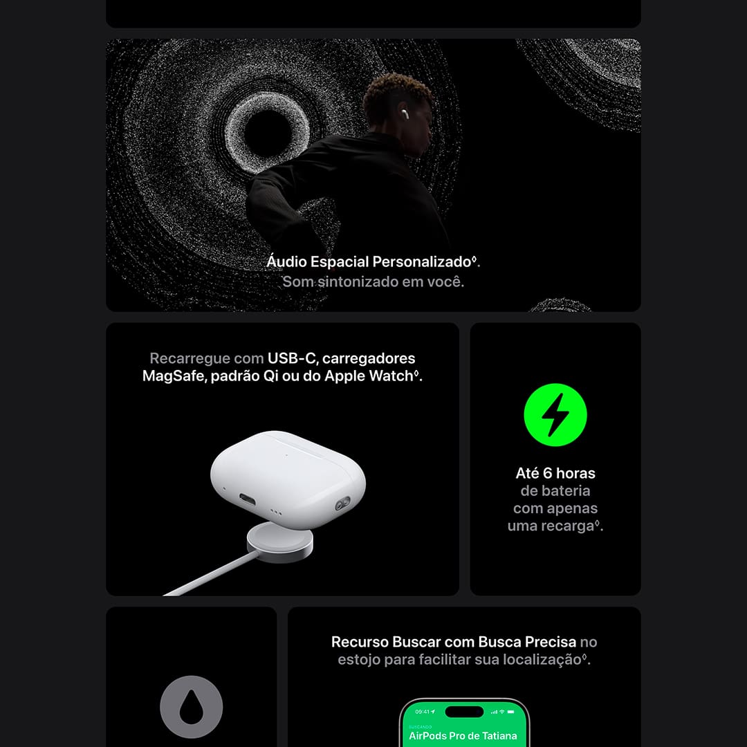 Áudio Adaptativo. Ouça a diferença. E refez-se o som. Os AirPods Pro vêm com Cancelamento Ativo de Ruído até duas vezes melhor¹, modo Ambiente e, agora, Áudio Adaptativo², que ajusta a redução de ruídos automaticamente para oferecer a melhor experiência de áudio em diferentes ambientes e interações ao longo do dia.