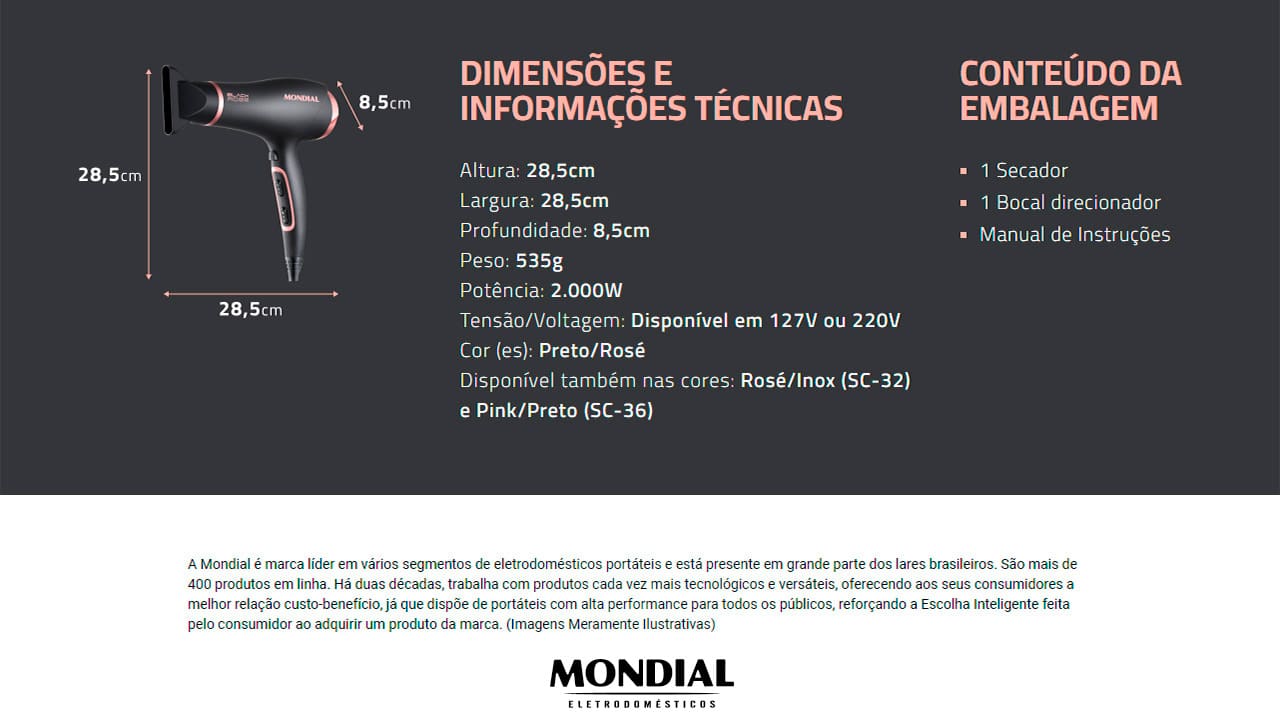 Secador de Cabelos Mondial Black Rose SC-37 Preto