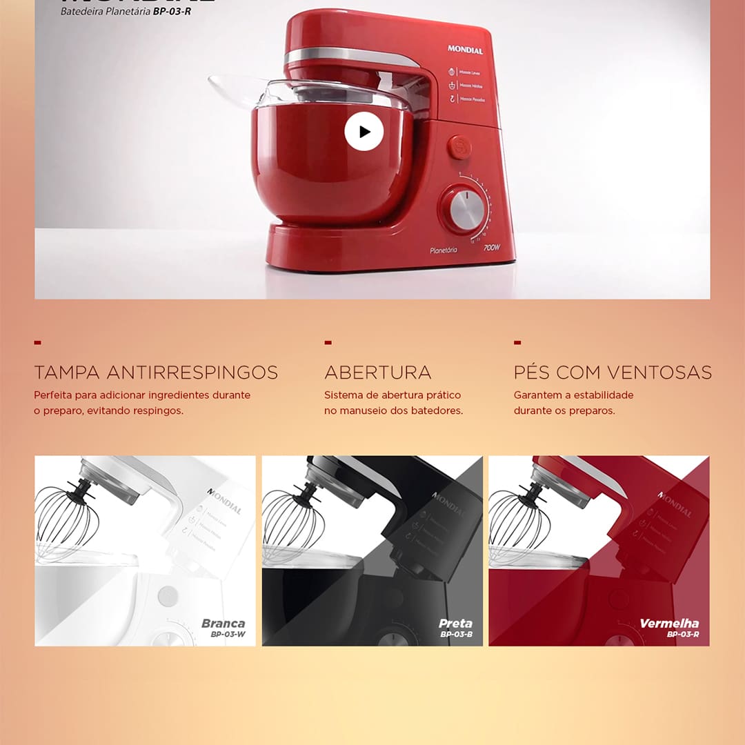 Ideal para preparo de massas desde as leves até as mais pesadas. Possui 700W de potencia que garantem a eficácia do produto. Com a Batedeira Planetária BP-03-B da Mondial o preparo das suas receitas serão super praticas e rápidas. Ela possui tampa ante respingos, que evita sujeiras indesejadas e 12 velocidades, isso mesmo! 12 Velocidades pra você usar da maneira que achar necessário. Praticidade assim você só encontra aqui na BendiCasa. Aproveite a Oferta!