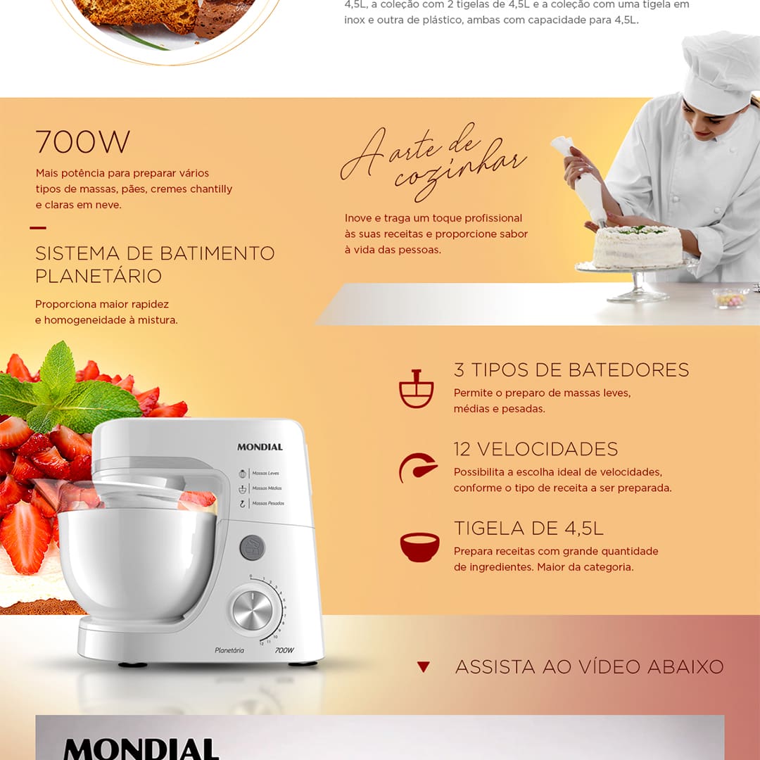 Ideal para preparo de massas desde as leves até as mais pesadas. Possui 700W de potencia que garantem a eficácia do produto. Com a Batedeira Planetária BP-03-B da Mondial o preparo das suas receitas serão super praticas e rápidas. Ela possui tampa ante respingos, que evita sujeiras indesejadas e 12 velocidades, isso mesmo! 12 Velocidades pra você usar da maneira que achar necessário. Praticidade assim você só encontra aqui na BendiCasa. Aproveite a Oferta!