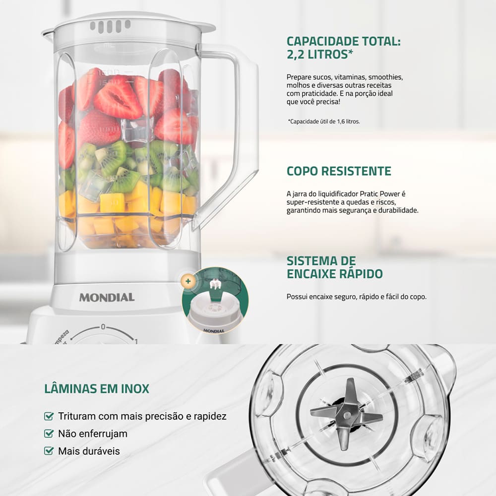Segurança e Durabilidade O Liquidificador L97W da Mondial, produzido em polipropileno, oferece resistência a quedas e arranhões, garantindo maior proteção e durabilidade. Sua jarra possui capacidade útil de 1,6 litros, ideal para preparar grandes quantidades de bebida de uma única vez. Performance Brilhante Com 2 velocidade e potência de 550W este equipamento apresenta um desempenho excepcional para suas necessidades diárias. Ideal para triturar gelo, frutas e bater ingredientes mais consistentes. Além disso, ele possui lâminas de alta qualidade que resistem à corrosão e não enferrujam mesmo após o uso prolongado.