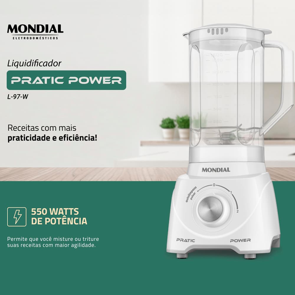 Segurança e Durabilidade O Liquidificador L97W da Mondial, produzido em polipropileno, oferece resistência a quedas e arranhões, garantindo maior proteção e durabilidade. Sua jarra possui capacidade útil de 1,6 litros, ideal para preparar grandes quantidades de bebida de uma única vez. Performance Brilhante Com 2 velocidade e potência de 550W este equipamento apresenta um desempenho excepcional para suas necessidades diárias. Ideal para triturar gelo, frutas e bater ingredientes mais consistentes. Além disso, ele possui lâminas de alta qualidade que resistem à corrosão e não enferrujam mesmo após o uso prolongado.