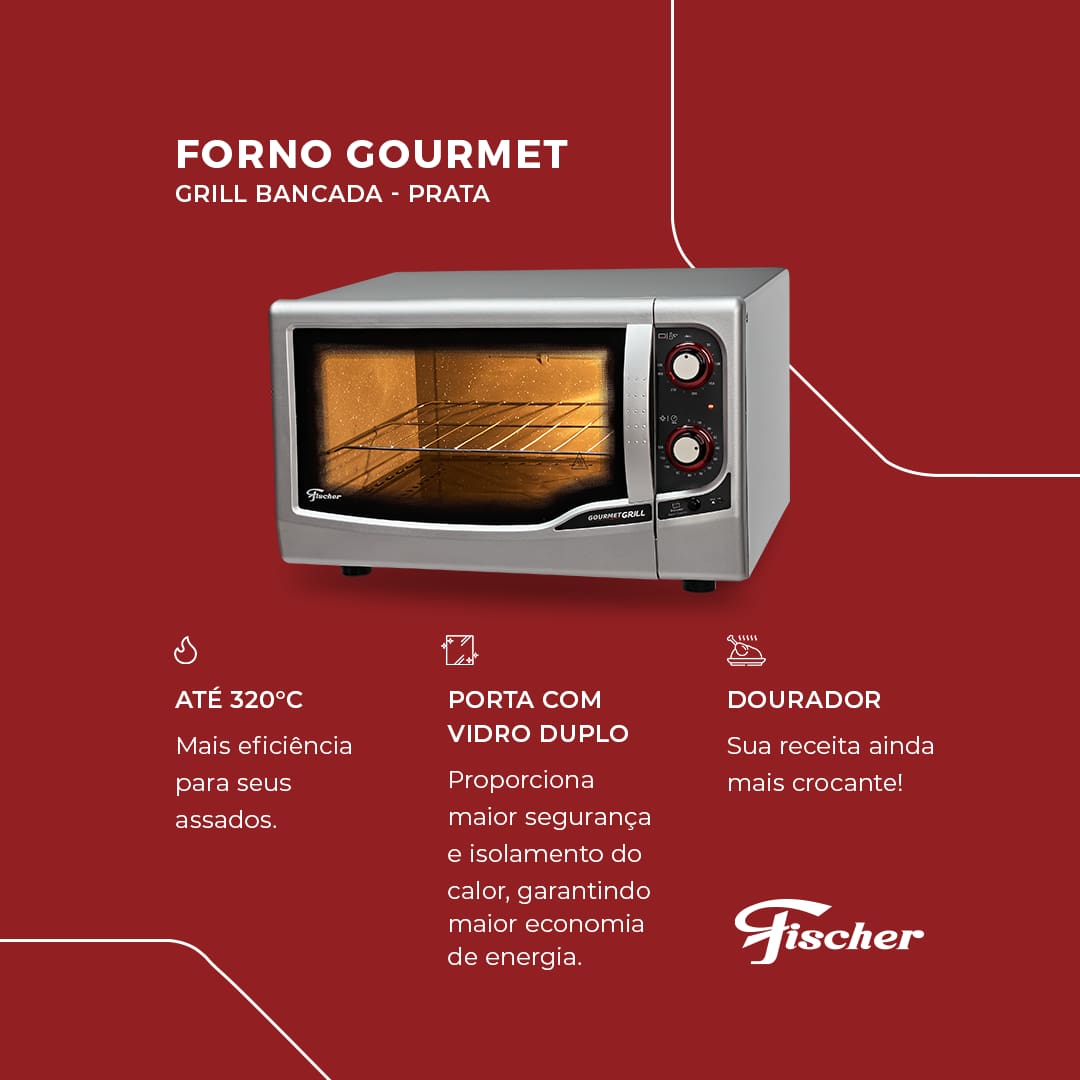 Design Elegante e Funcional O Forno Elétrico Fischer Gourmet Grill foi criado para aqueles que veem a culinária como uma verdadeira arte. Seu design moderno, com frontal em termoplástico na elegante cor prata, oferece praticidade no uso diário.