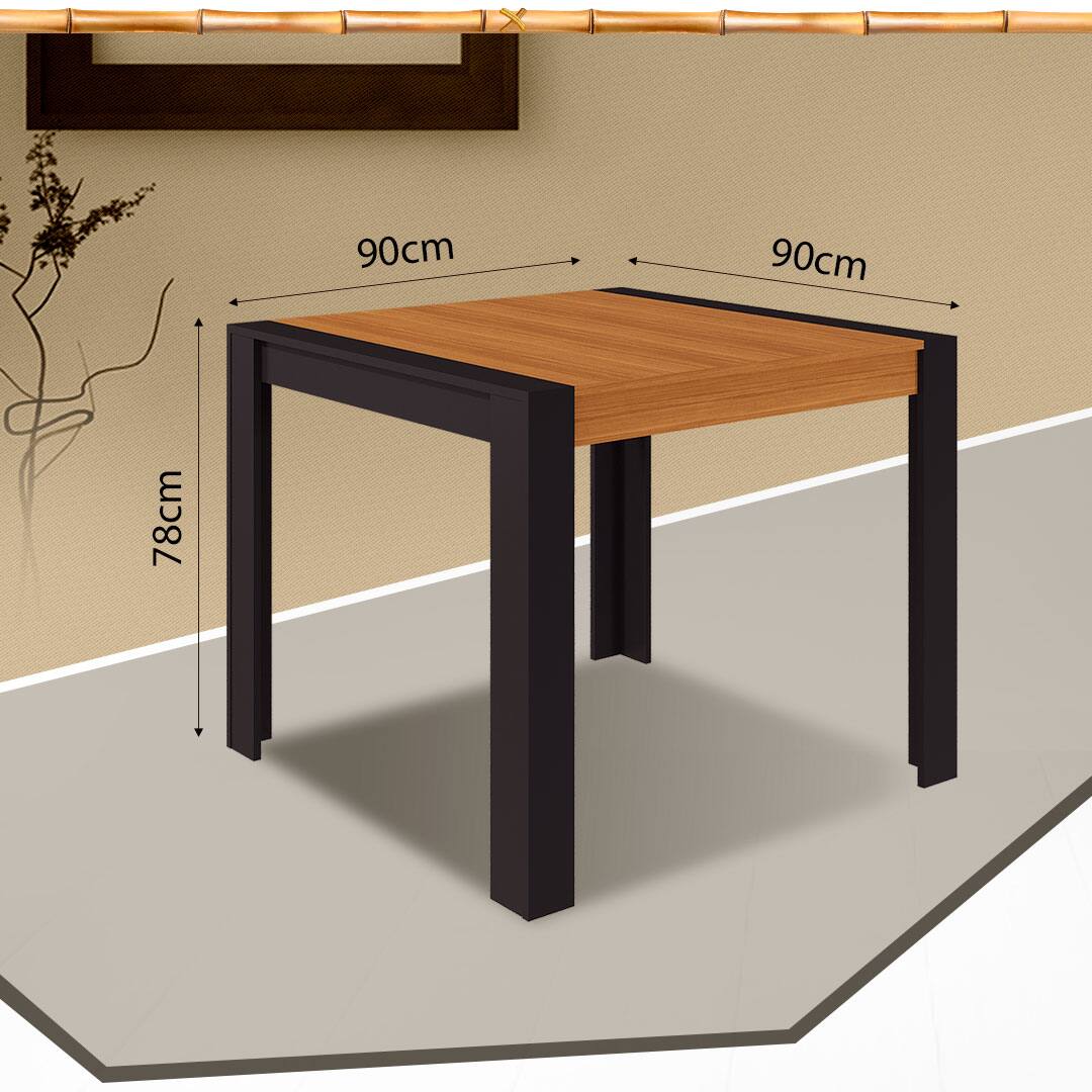 imagem frontal frente Mesa Cimol Lis marrom preta preto sombra chão piso cinza flechas indicativas indicação tamanho dimensão dimensões centímetros cm altura largura comprimento conjunto sala de jantar apartamento pequeno
