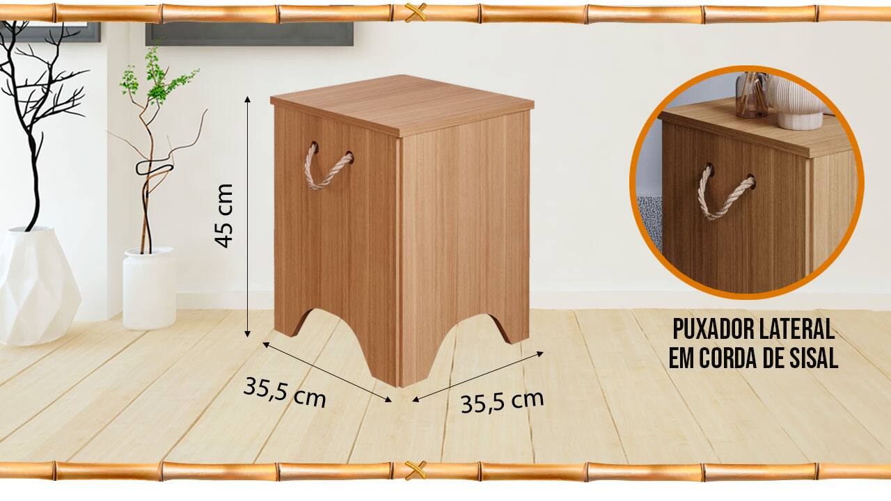 imagem frontal frente banco madeira marrom flechas indicativas indicação tamanho dimensão dimensões centímetros cm altura largura comprimento destaque zoom puxador lateral em corda de sisal chão piso vaso branco vasos brancos galhos finos planta verde parede branca quadros moldura preta conjunto sala de jantar apartamento pequeno