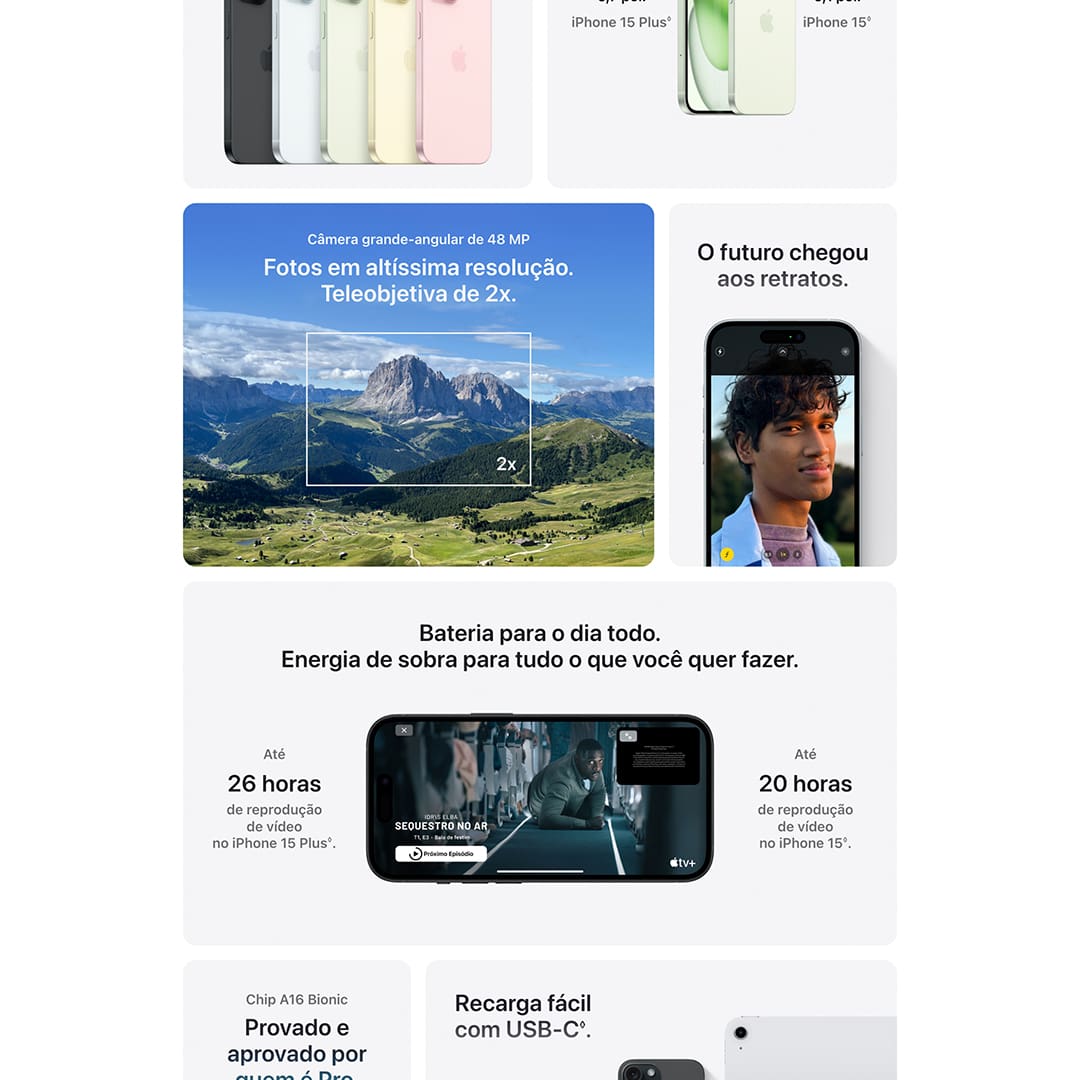 Tela Super Retina XDR OLED de 6,1 polegadas  Cores vibrantes, contrastes intensos e detalhes nítidos para uma experiência visual excepcional. Perfeita para assistir vídeos, jogar e navegar na web. 