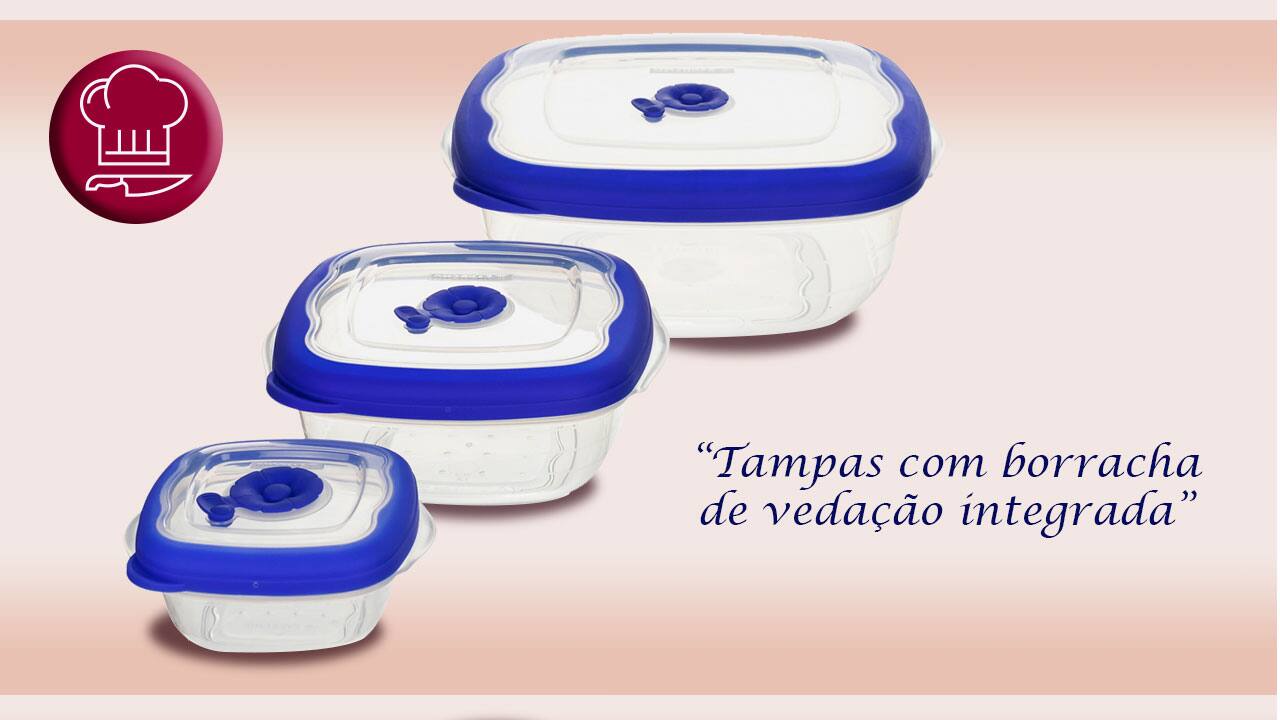 Conjunto Potes Quadrados Sanremo 3 Peças tamanhos variados micro-ondas