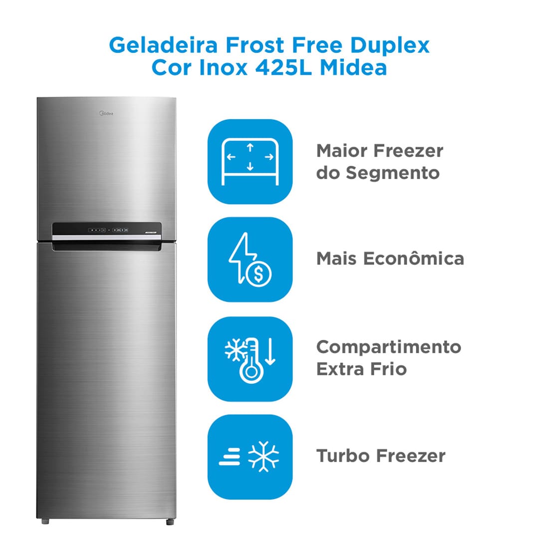 Ampla capacidade e modernidade. A Geladeira Frost Free Duplex 425 litros da Midea oferece uma solução completa para a sua cozinha. Com um freezer de 120 litros, o maior do segmento, ela garante espaço suficiente para armazenar todos os seus alimentos, unindo praticidade e design contemporâneo.