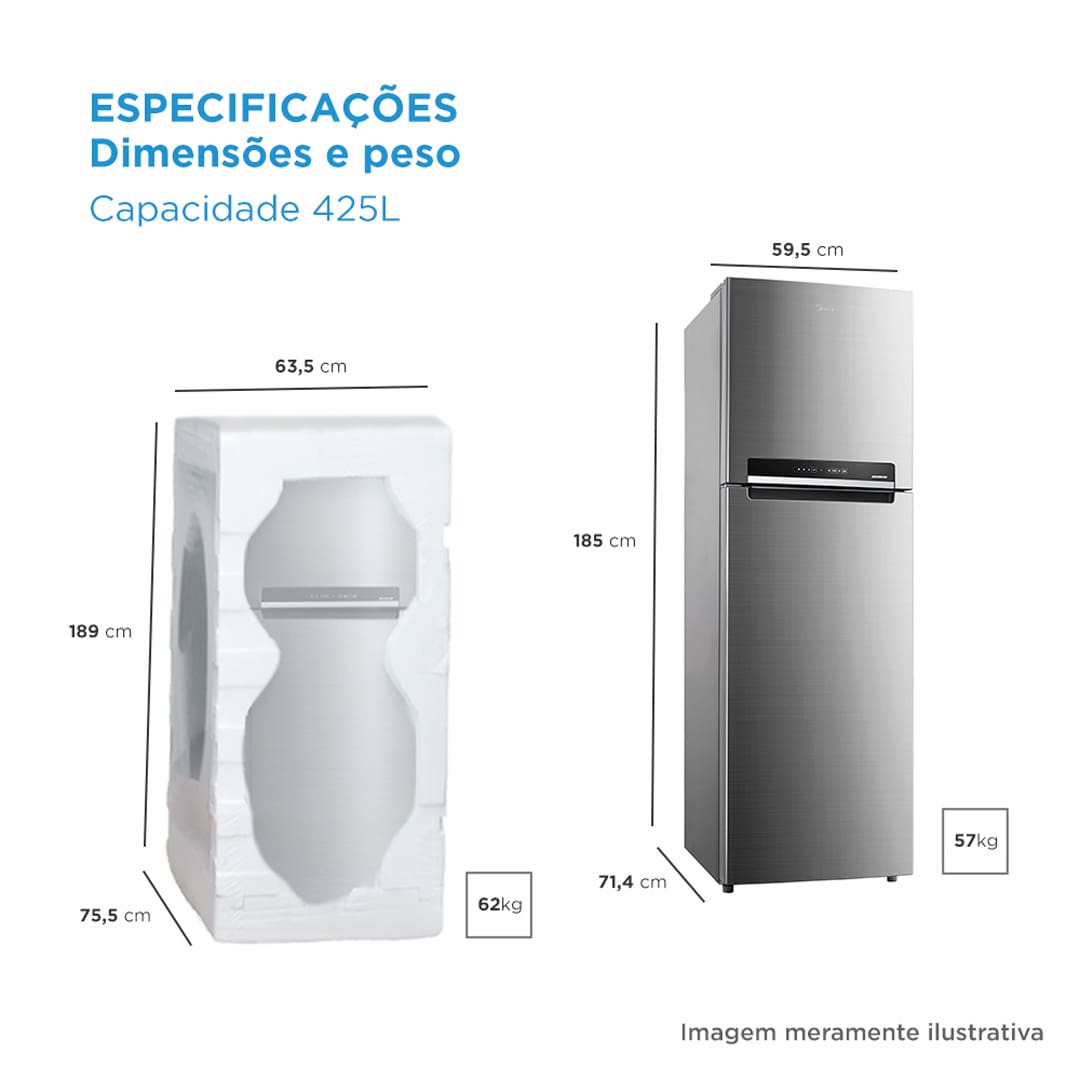 Ampla capacidade e modernidade. A Geladeira Frost Free Duplex 425 litros da Midea oferece uma solução completa para a sua cozinha. Com um freezer de 120 litros, o maior do segmento, ela garante espaço suficiente para armazenar todos os seus alimentos, unindo praticidade e design contemporâneo.