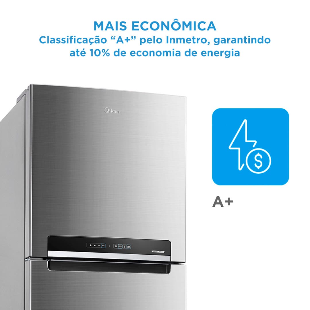 Ampla capacidade e modernidade. A Geladeira Frost Free Duplex 425 litros da Midea oferece uma solução completa para a sua cozinha. Com um freezer de 120 litros, o maior do segmento, ela garante espaço suficiente para armazenar todos os seus alimentos, unindo praticidade e design contemporâneo.