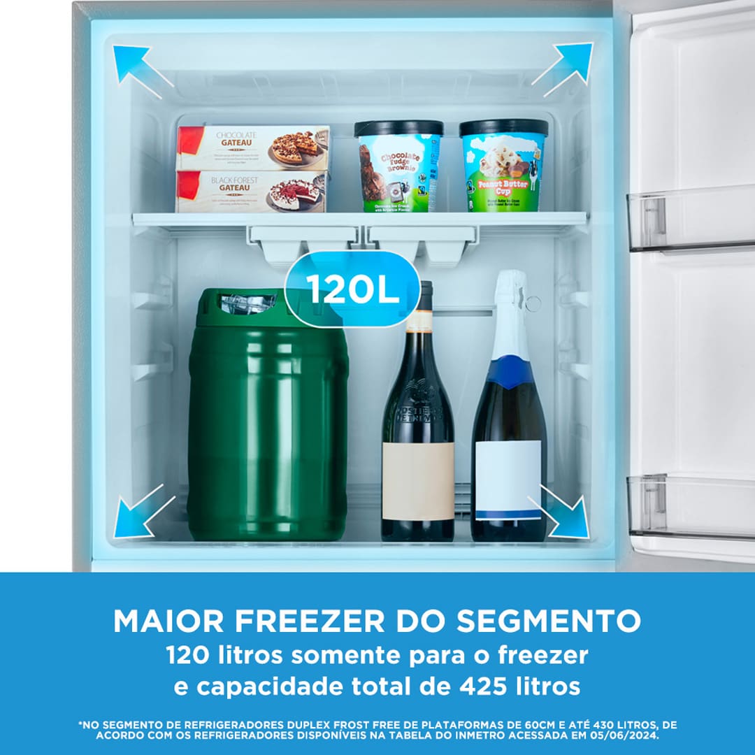 Ampla capacidade e modernidade. A Geladeira Frost Free Duplex 425 litros da Midea oferece uma solução completa para a sua cozinha. Com um freezer de 120 litros, o maior do segmento, ela garante espaço suficiente para armazenar todos os seus alimentos, unindo praticidade e design contemporâneo.