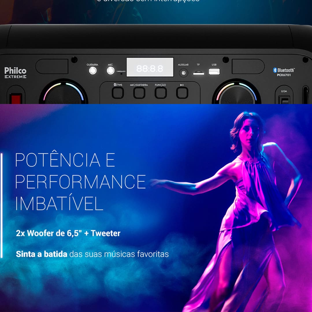 Som potente e qualidade superior A Caixa de Som Amplificada Philco PCX6701 oferece uma experiência sonora incrível com 650W de potência, proporcionando qualidade e volume ideais para qualquer ambiente. Equipado com dois woofers de 6,5” e um tweeter, o som é equilibrado, com graves profundos e agudos nítidos, garantindo uma reprodução de áudio impecável para todas as suas músicas.