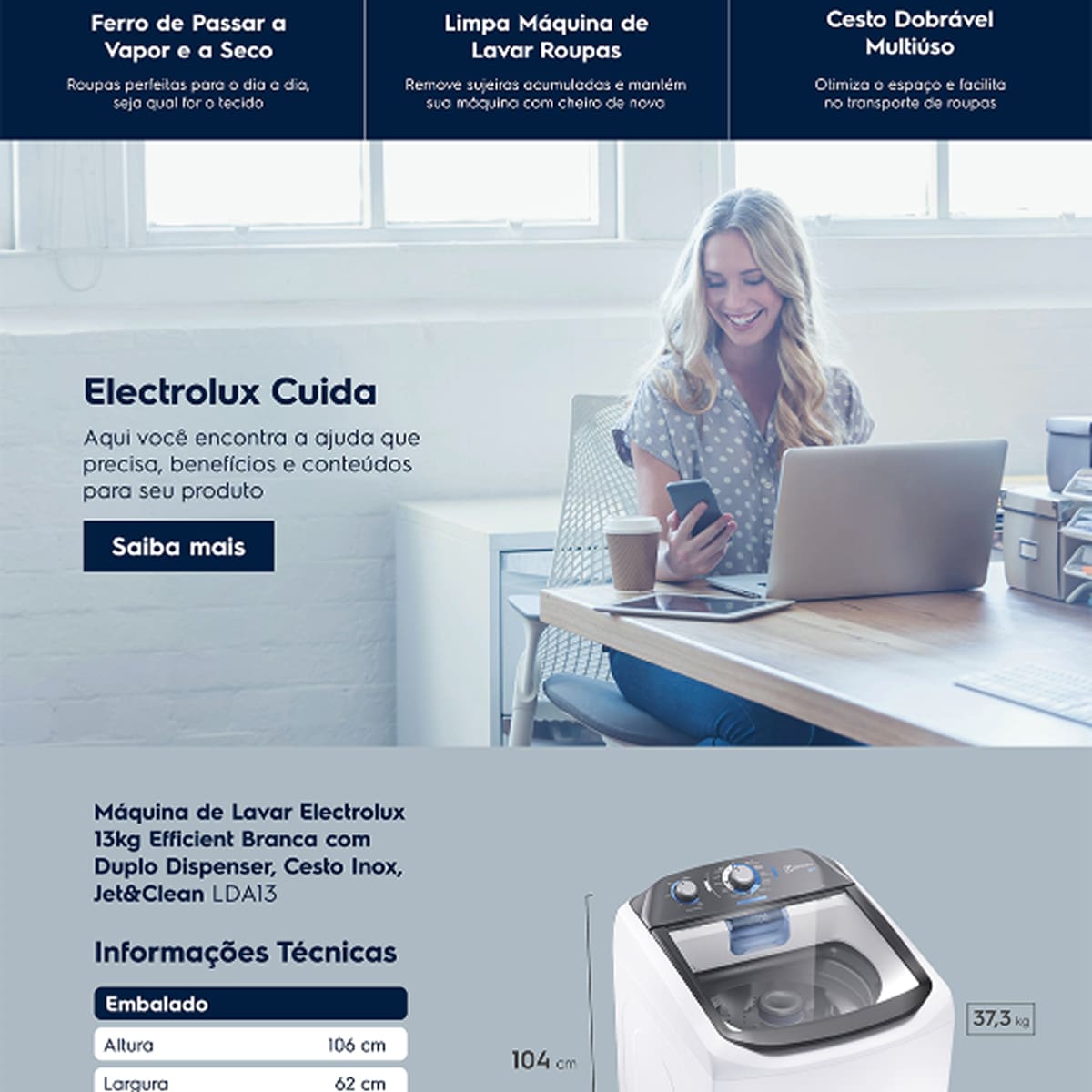  Máquina de Lavar 13kg Electrolux LDA13 Efficient