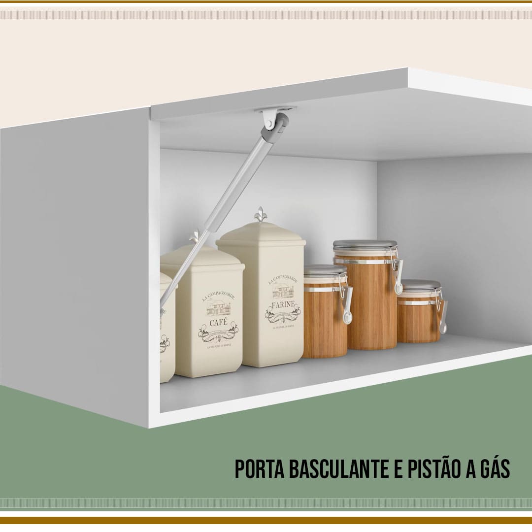porta basculante e pistão a gás branca aberta parte interna à mostra potes marrom guardados café farine
