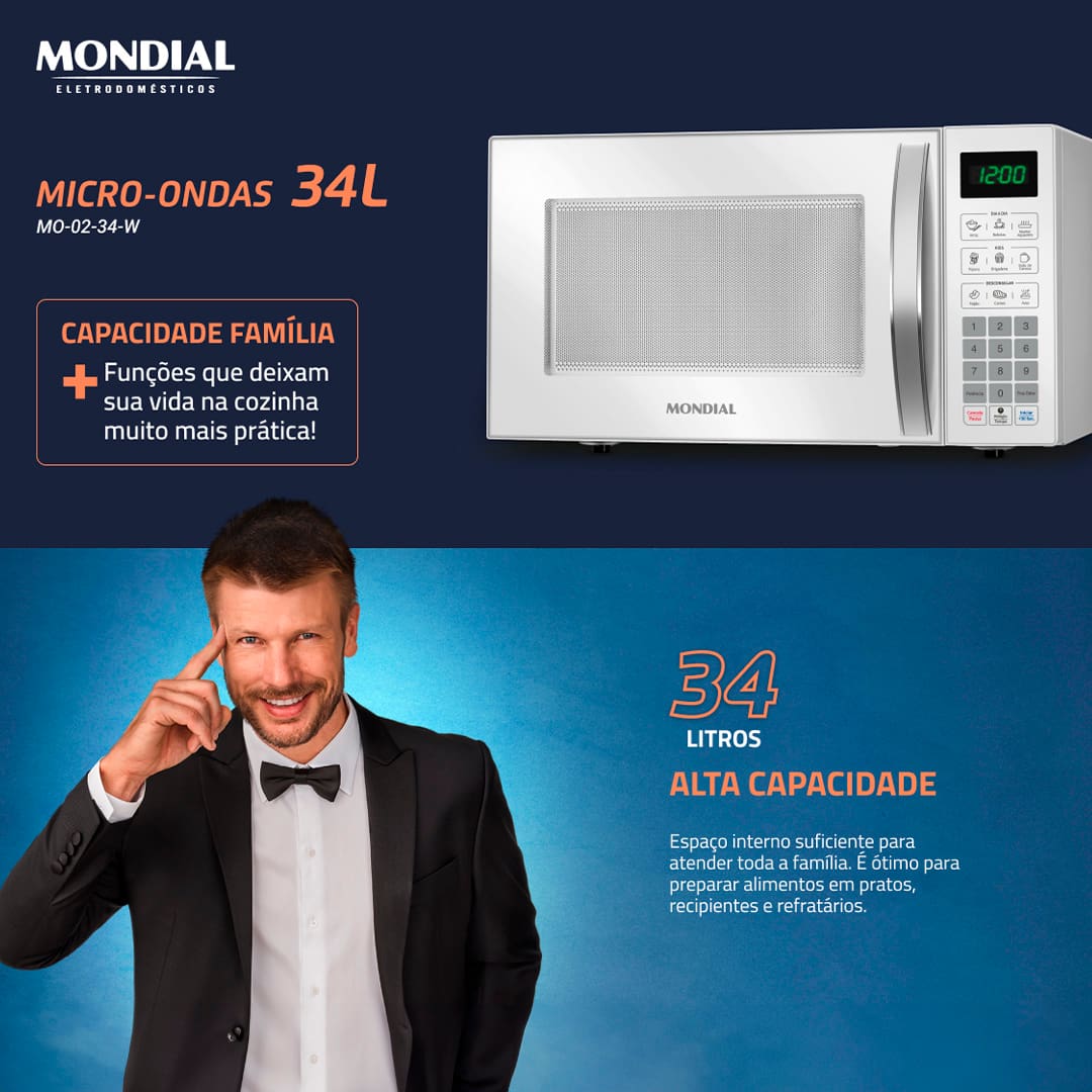novação e Amplo Espaço para Toda a Família O micro-ondas MO-02-34-W Mondial traz elegância e inovação para a sua cozinha. Com capacidade de 34 litros e amplo espaço interno, atende toda a família! E ainda possui funções práticas, como botão +30 segundos e tira odor. Alta Potência para Aquecer, Preparar e Descongelar O sistema de alta potência, variando de 1 a 10, assegura rapidez no preparo e descongelamento dos alimentos. Além disso, possui uma função que mantém as refeições aquecidas e possibilita o preparo de pratos, como carnes e bolos.